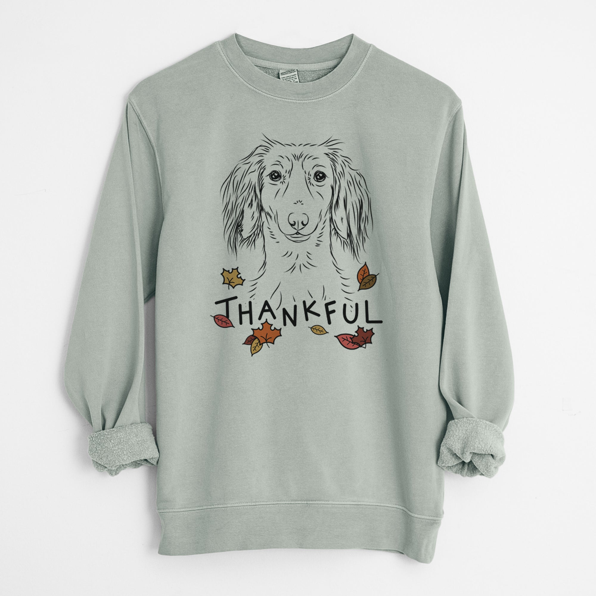 Thankful Roux the Long Haired Dachshund - Unisex Pigment Dyed Crew Sweatshirt