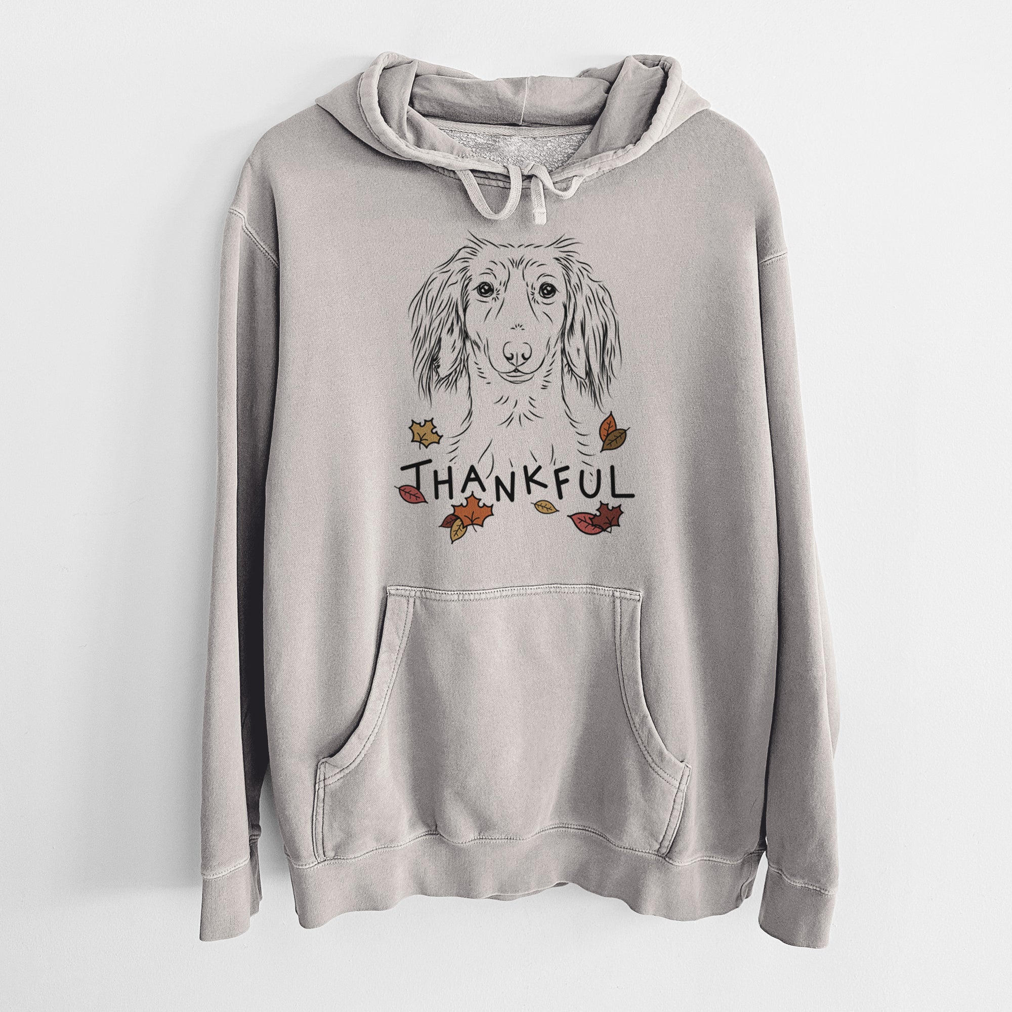 Thankful Roux the Long Haired Dachshund - Unisex Pigment Dyed Hoodie