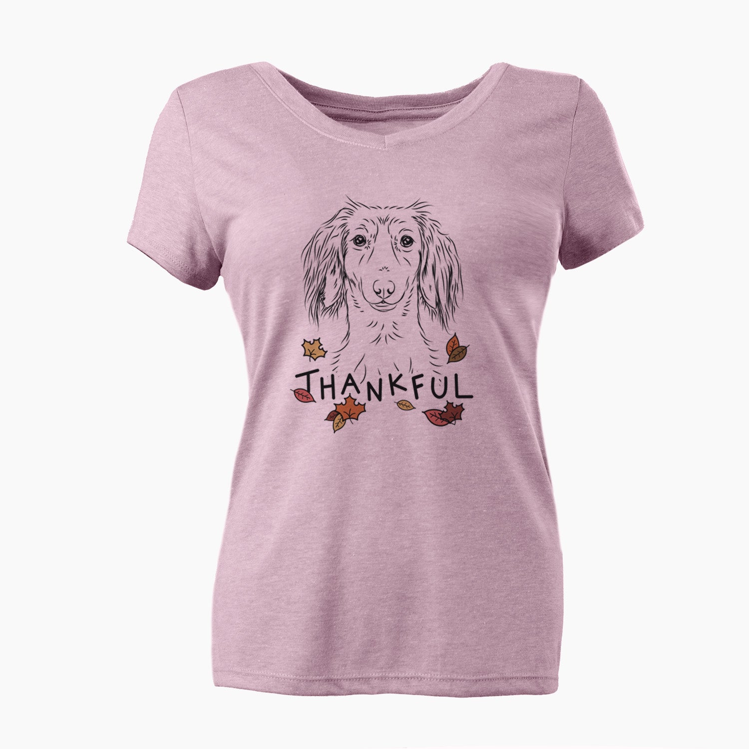 Thankful Roux the Long Haired Dachshund - Women's V-neck Shirt