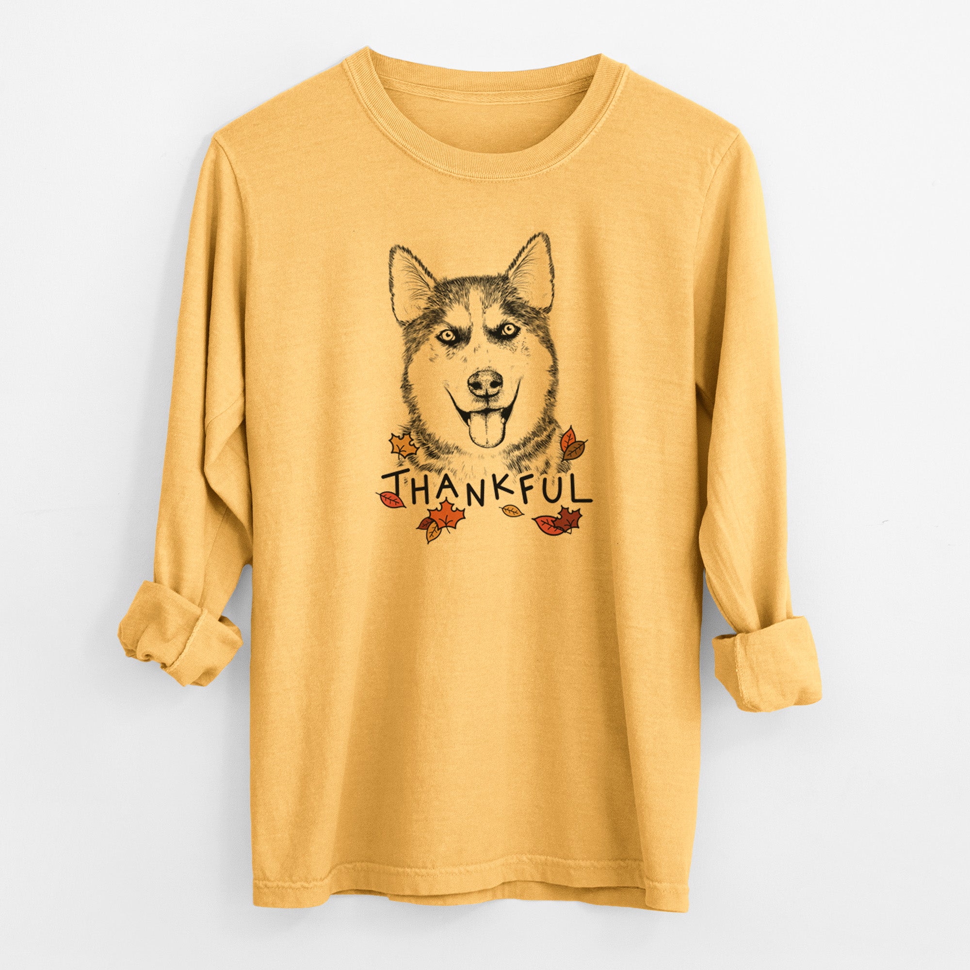 Thankful Sesi the Siberian Husky - Men's Heavyweight 100% Cotton Long Sleeve