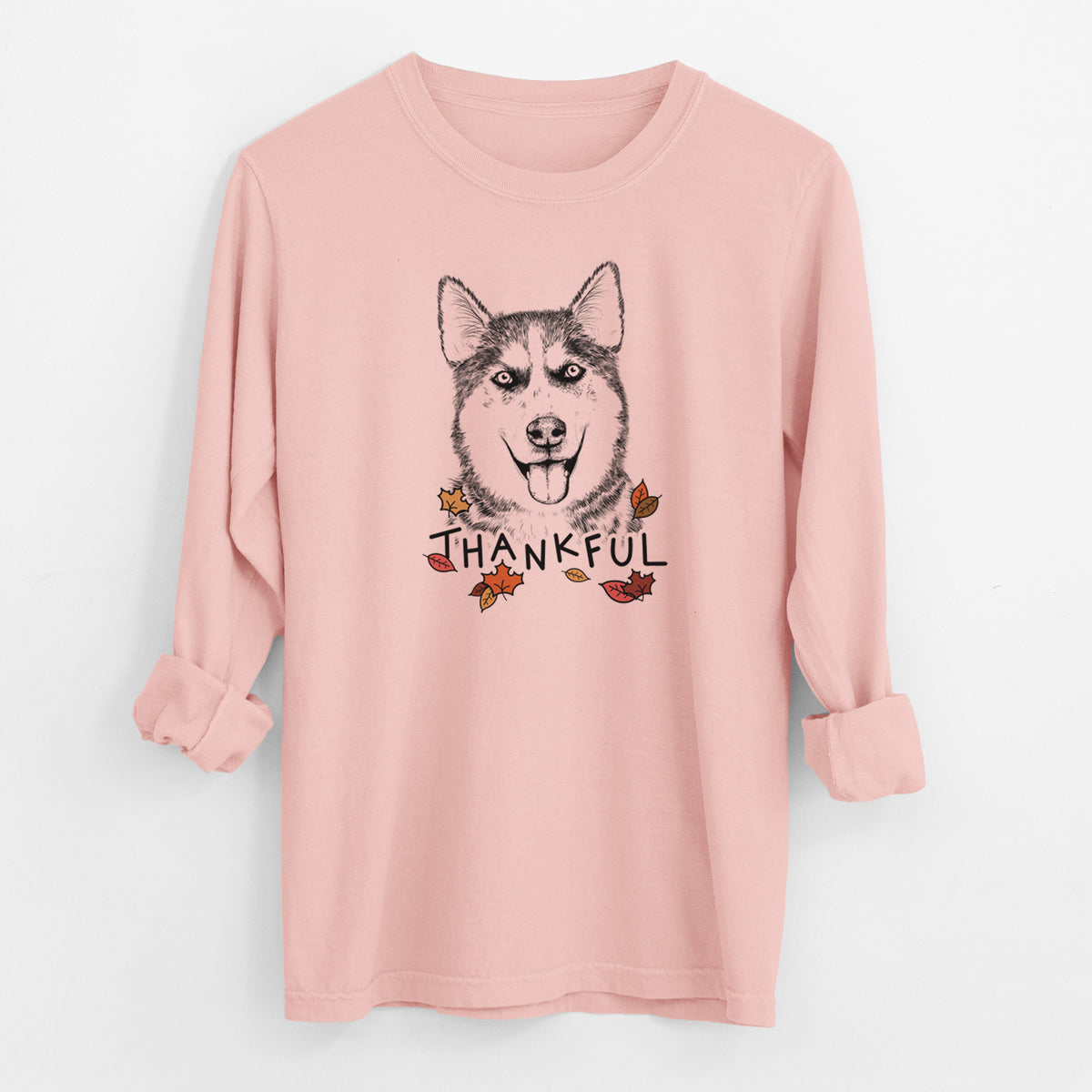 Thankful Sesi the Siberian Husky - Men's Heavyweight 100% Cotton Long Sleeve