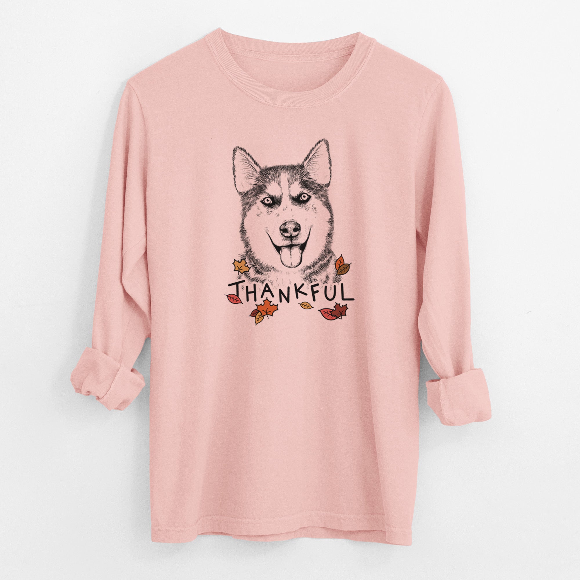 Thankful Sesi the Siberian Husky - Men's Heavyweight 100% Cotton Long Sleeve