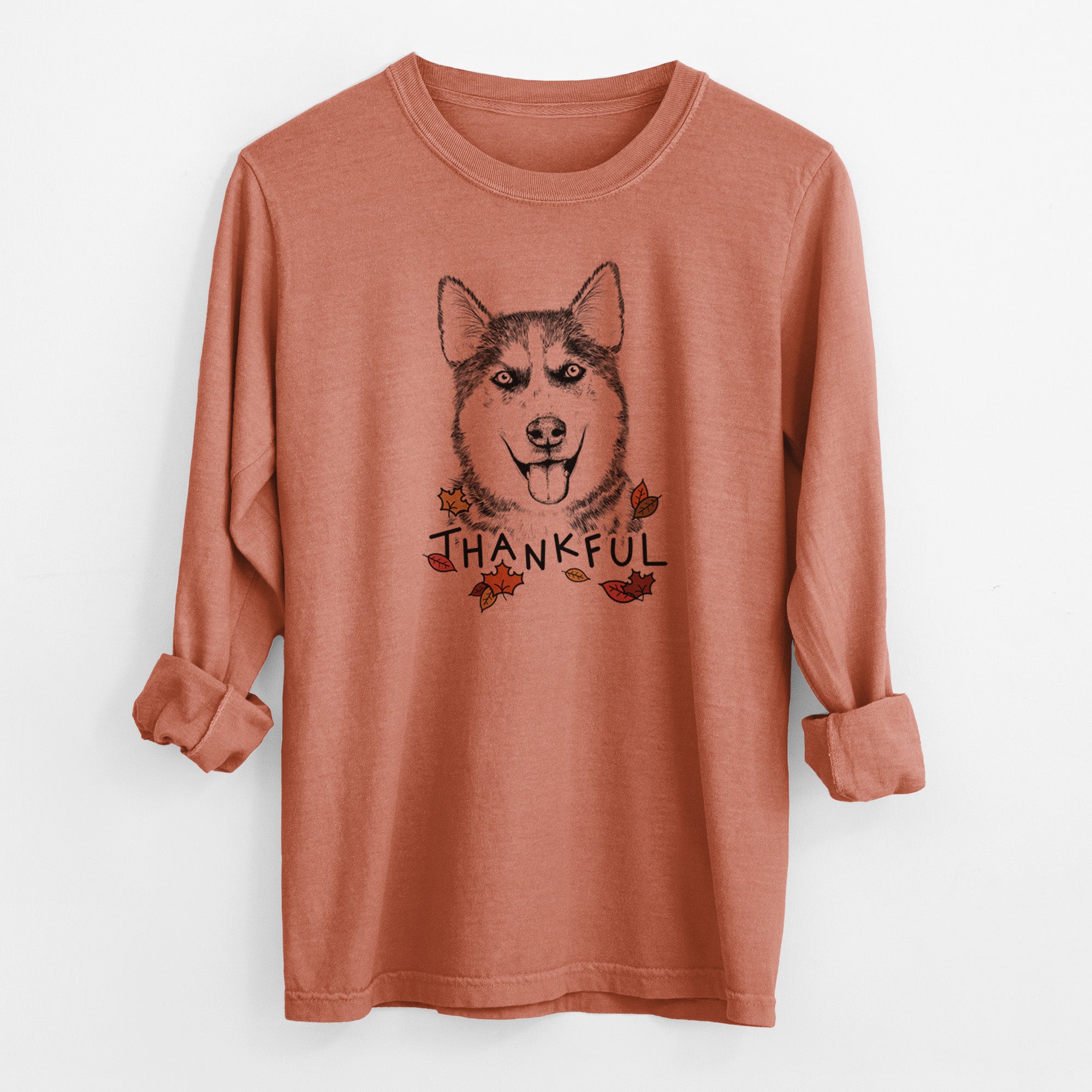 Thankful Sesi the Siberian Husky - Men's Heavyweight 100% Cotton Long Sleeve