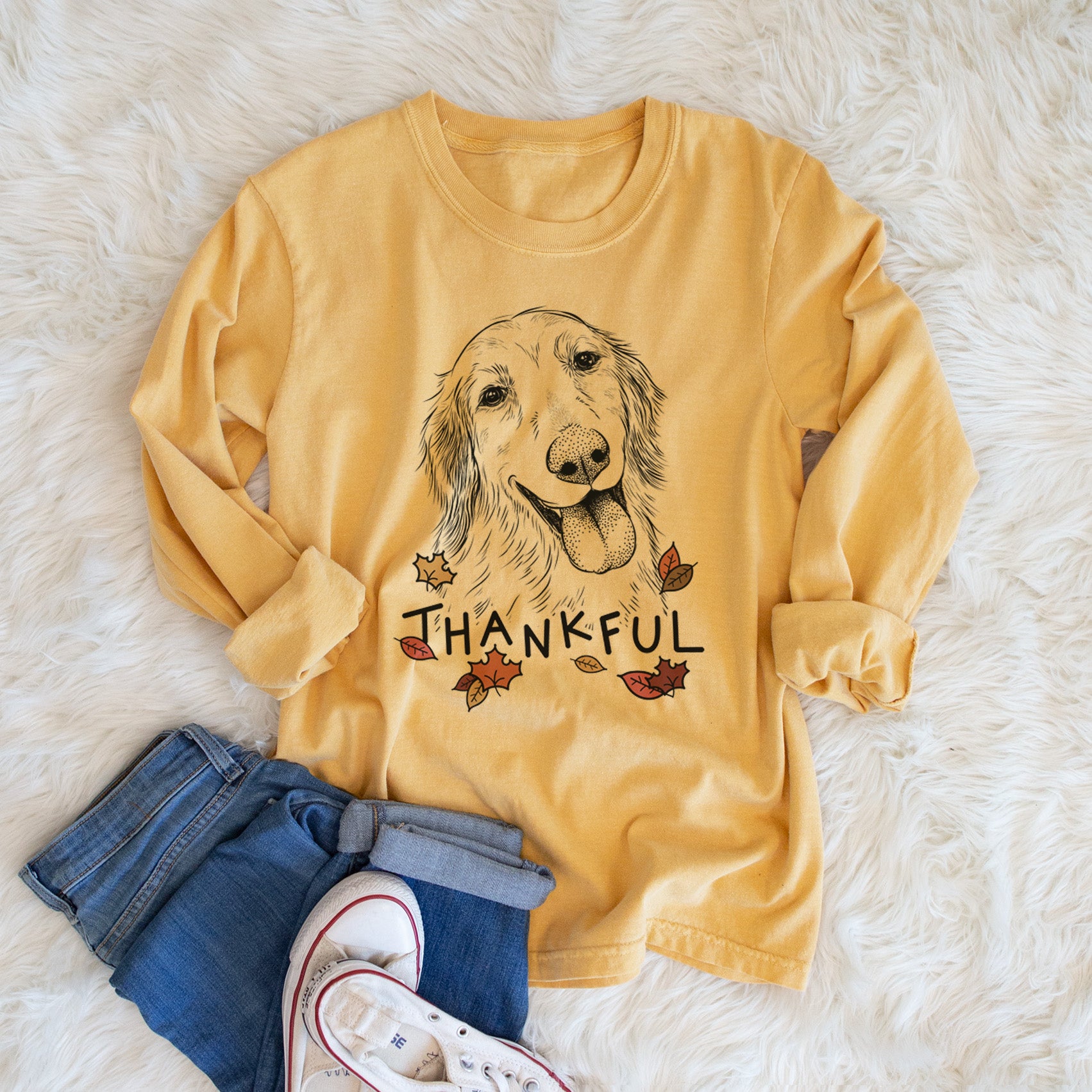 Thankful Shelby the Golden Retriever - Men's Heavyweight 100% Cotton Long Sleeve
