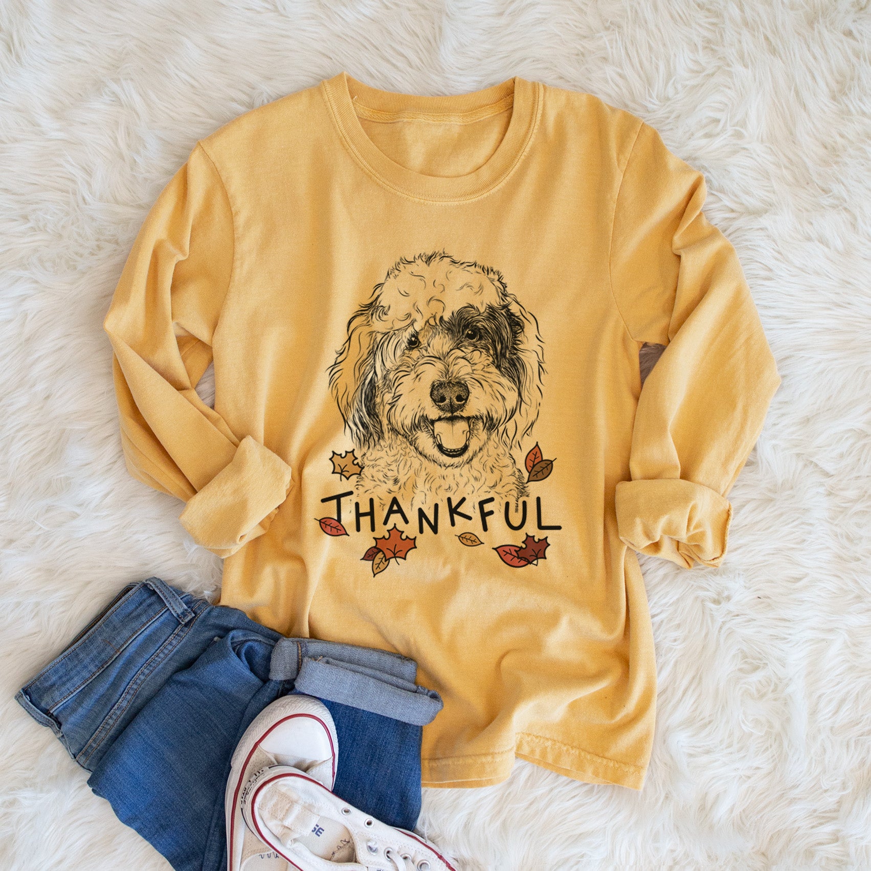 Thankful Sherlock the Sheepadoodle - Men's Heavyweight 100% Cotton Long Sleeve