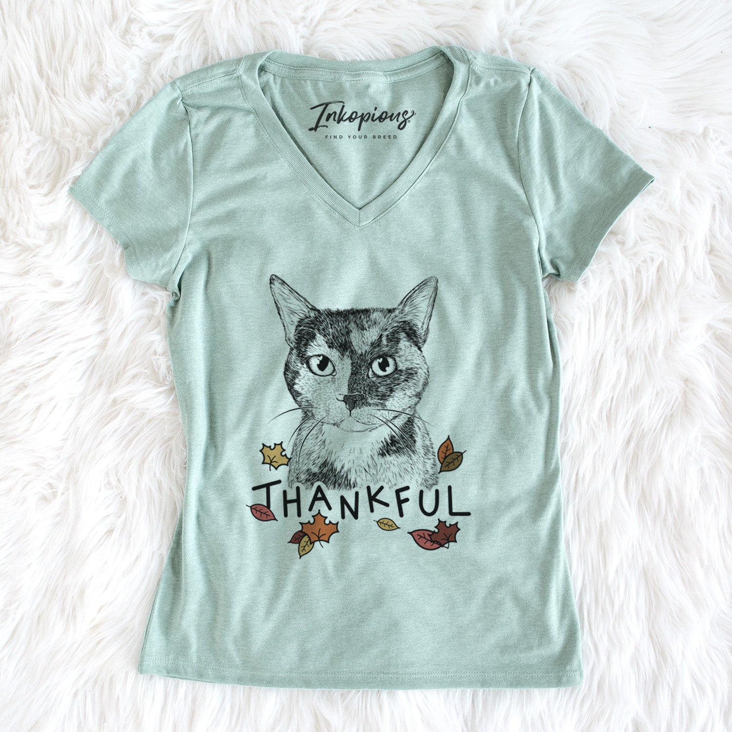 Thankful Spooky Kitty the Tortoiseshell Cat - Women's V-neck Shirt