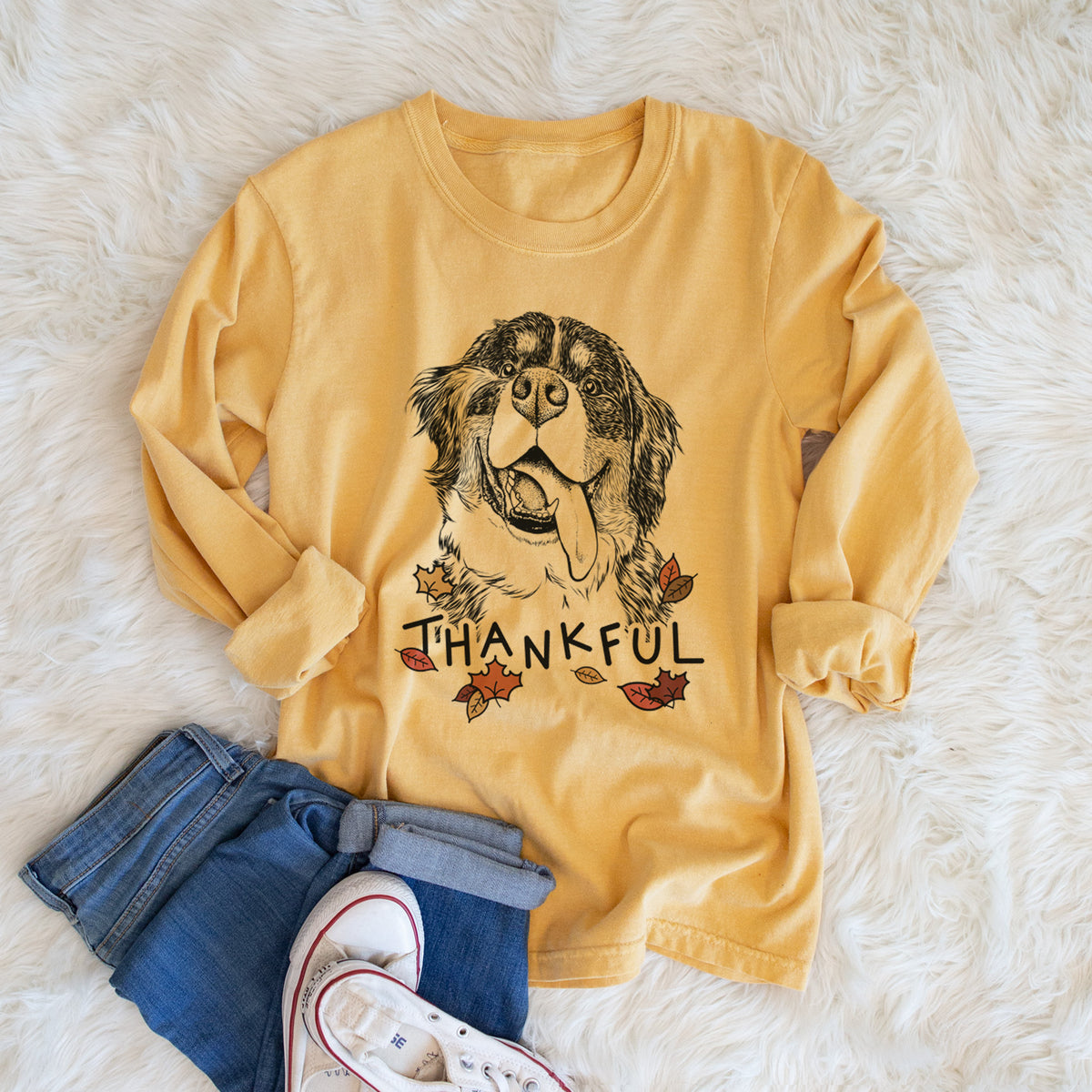 Thankful Theo the Bernese Mountain Dog - Men's Heavyweight 100% Cotton Long Sleeve