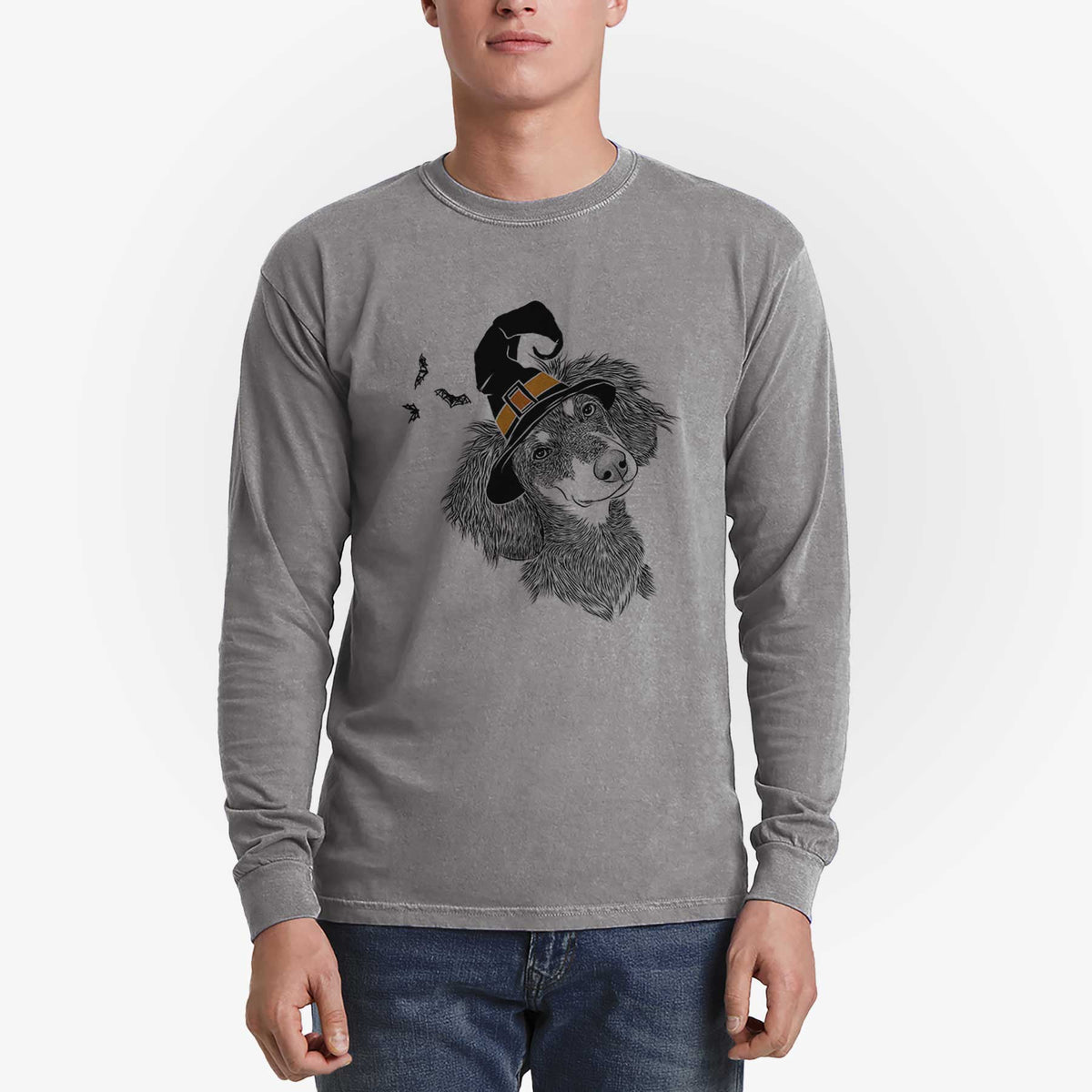 Witch Bailey the Long Haired Dachshund - Men's Heavyweight 100% Cotton Long Sleeve