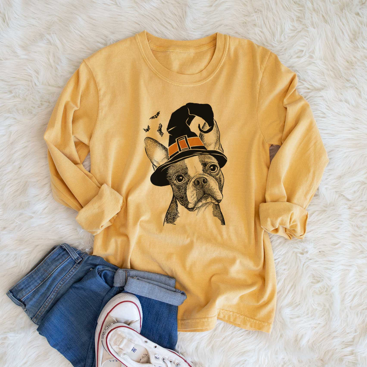 Witch Dee Dee the Boston Terrier - Men's Heavyweight 100% Cotton Long Sleeve