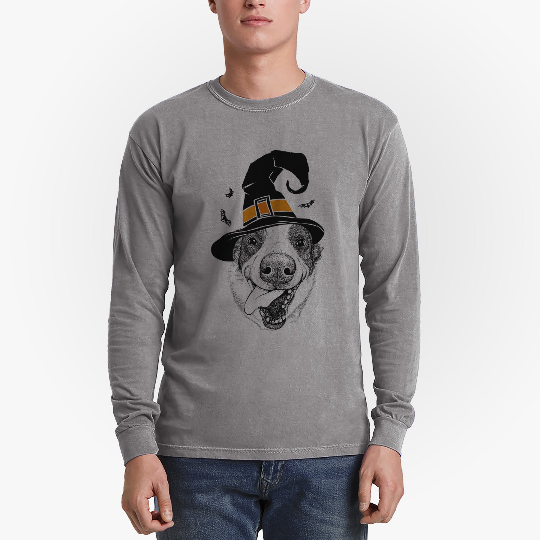 Witch Elwood the Border Collie - Men's Heavyweight 100% Cotton Long Sleeve