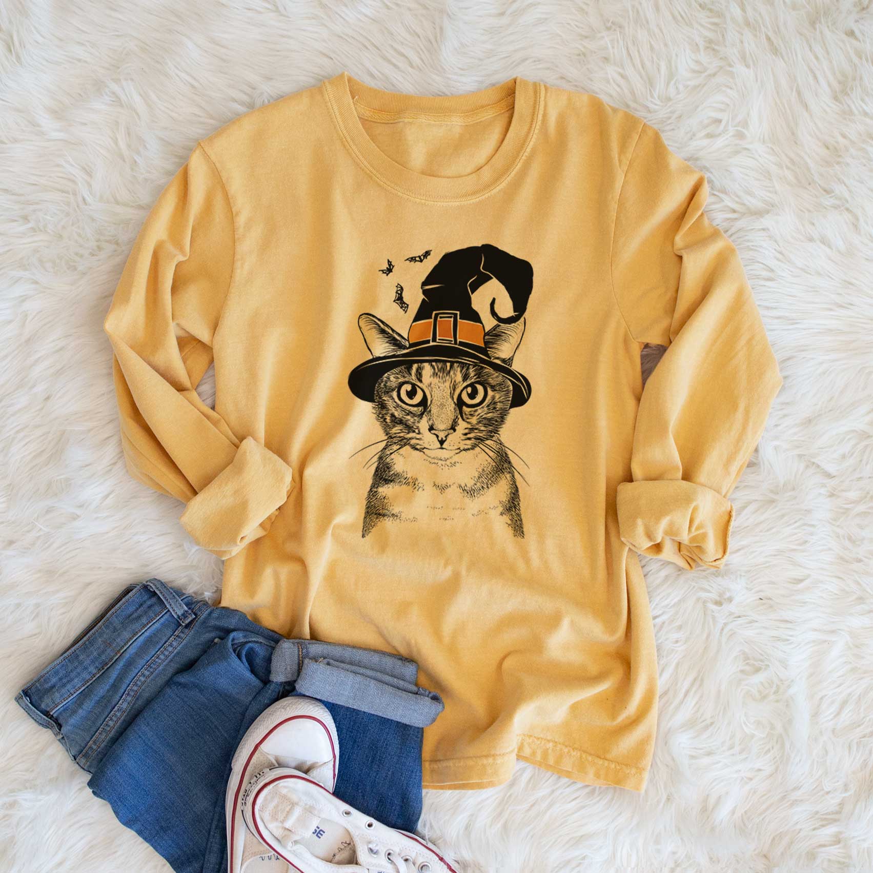 Witch Hobbes the Tabby Cat - Men's Heavyweight 100% Cotton Long Sleeve