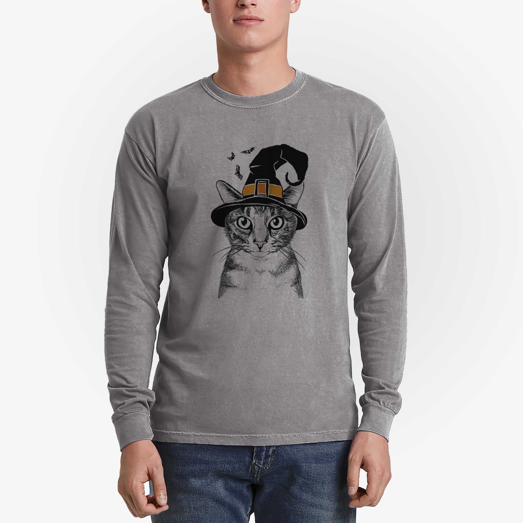 Witch Hobbes the Tabby Cat - Men's Heavyweight 100% Cotton Long Sleeve