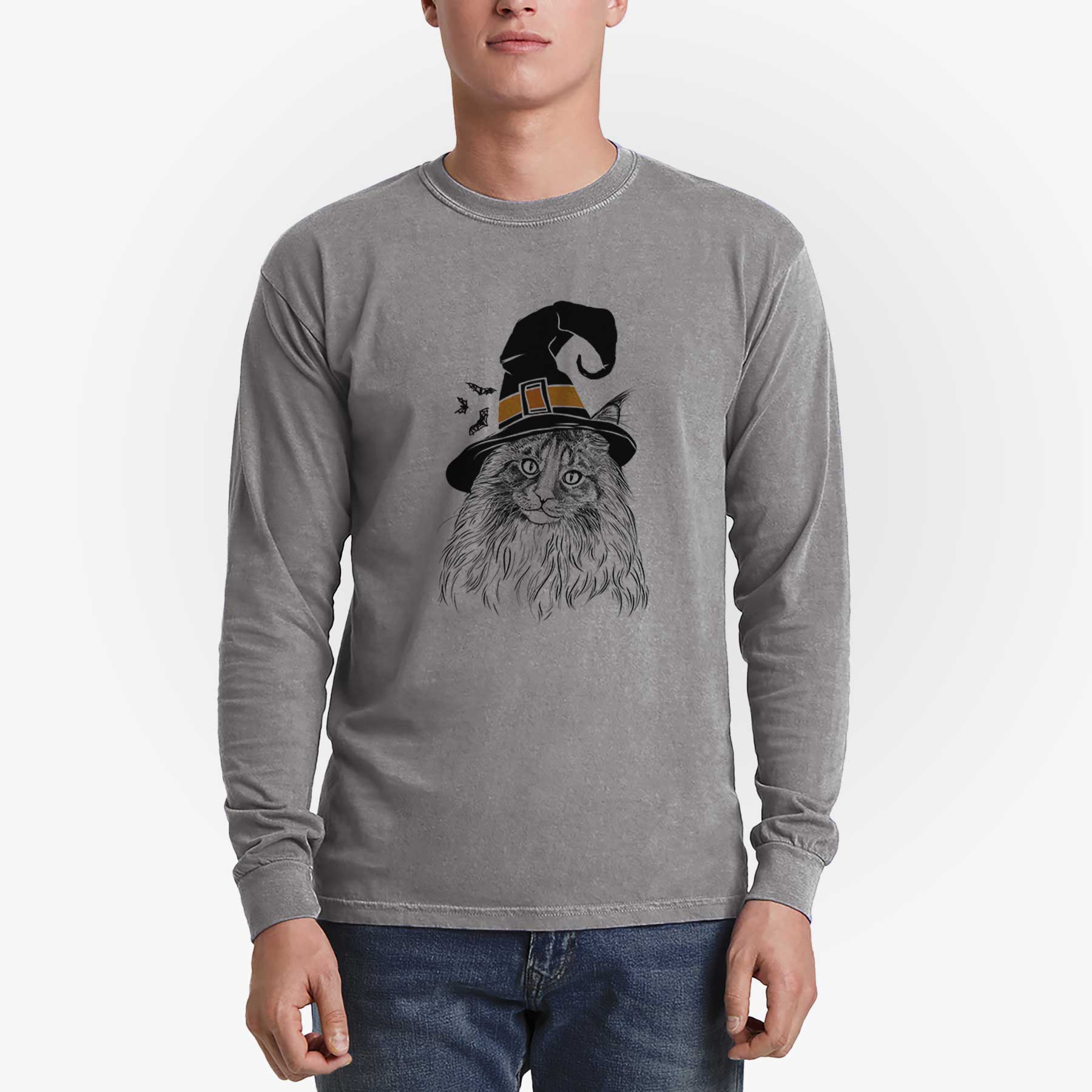 Witch Kiki the Maine Coon Cat - Men's Heavyweight 100% Cotton Long Sleeve