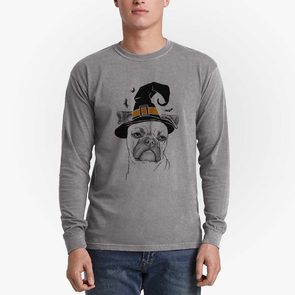 Witch Mack the Bugg (Boston Terrier/Pug) - Men's Heavyweight 100% Cotton Long Sleeve