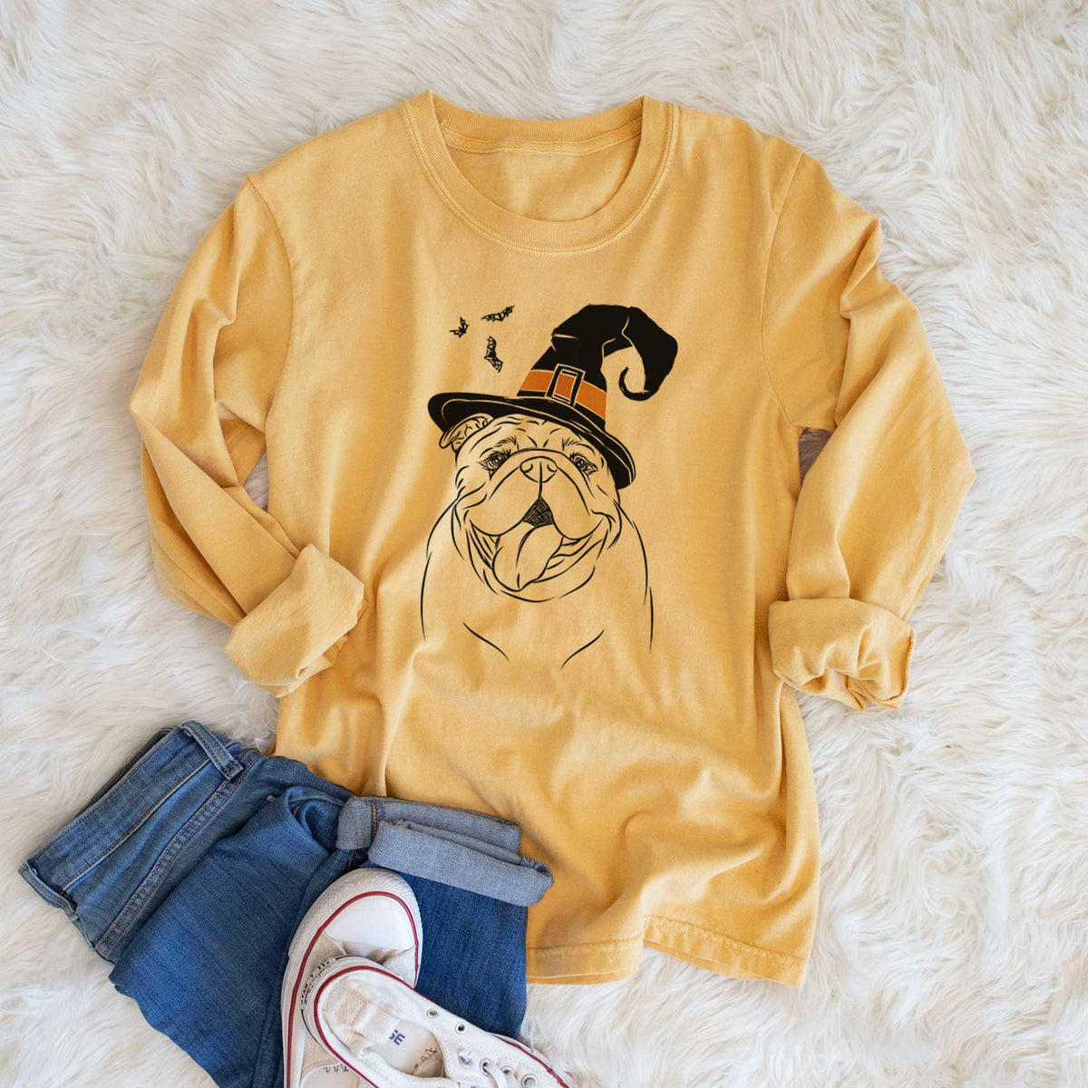 Witch Missy Moo the English Bulldog - Men's Heavyweight 100% Cotton Long Sleeve