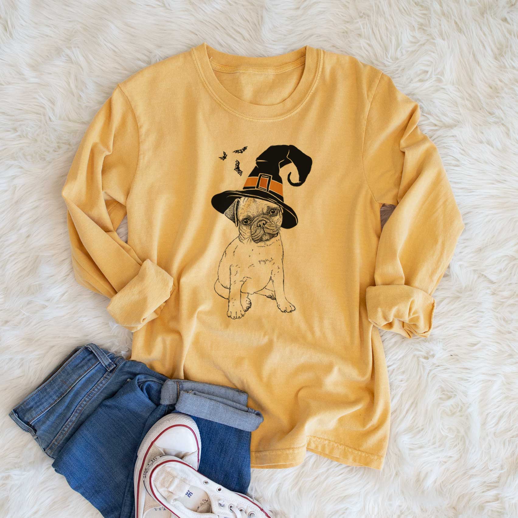 Witch Nelson the Pug Puppy - Men's Heavyweight 100% Cotton Long Sleeve