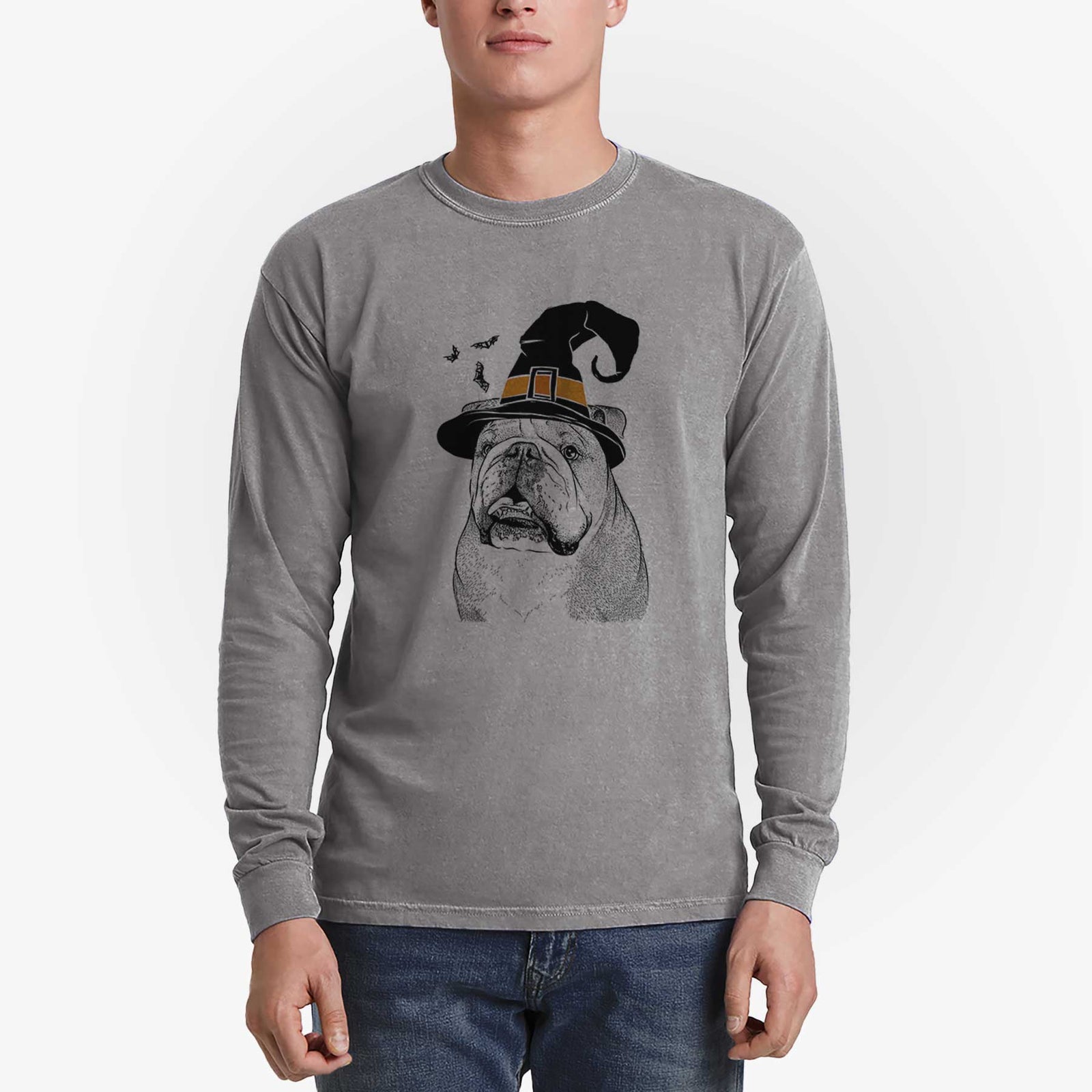 Witch Piggy the English Bulldog - Men's Heavyweight 100% Cotton Long Sleeve