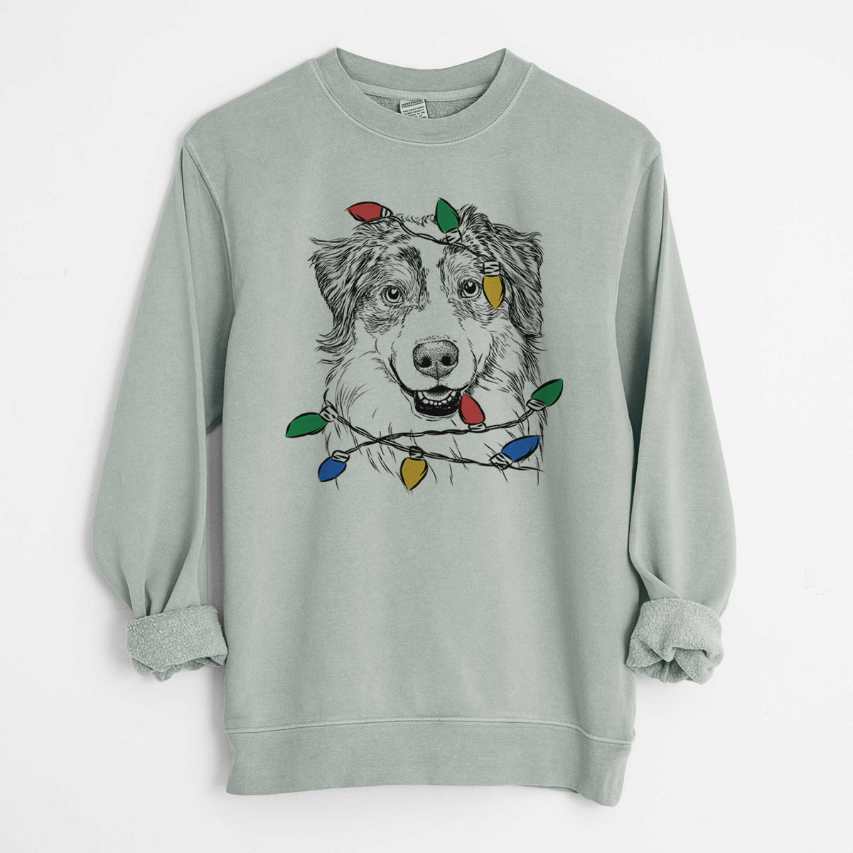 Christmas Lights Aonghus the Australian Shepherd - Unisex Pigment Dyed Crew Sweatshirt
