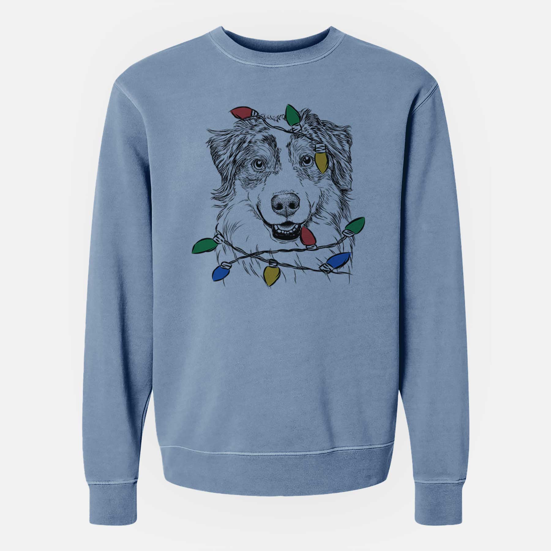Christmas Lights Aonghus the Australian Shepherd - Unisex Pigment Dyed Crew Sweatshirt