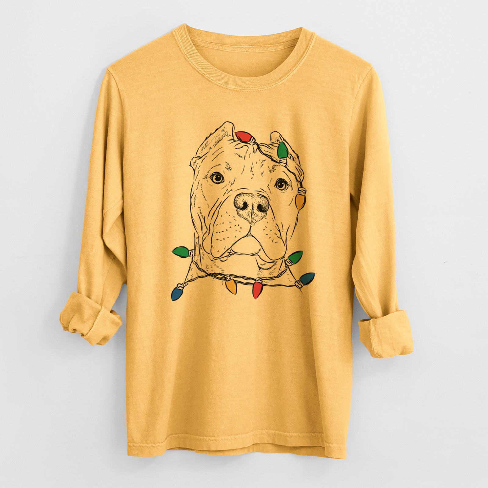 Christmas Lights Bam Bam the Pitbull - Heavyweight 100% Cotton Long Sleeve