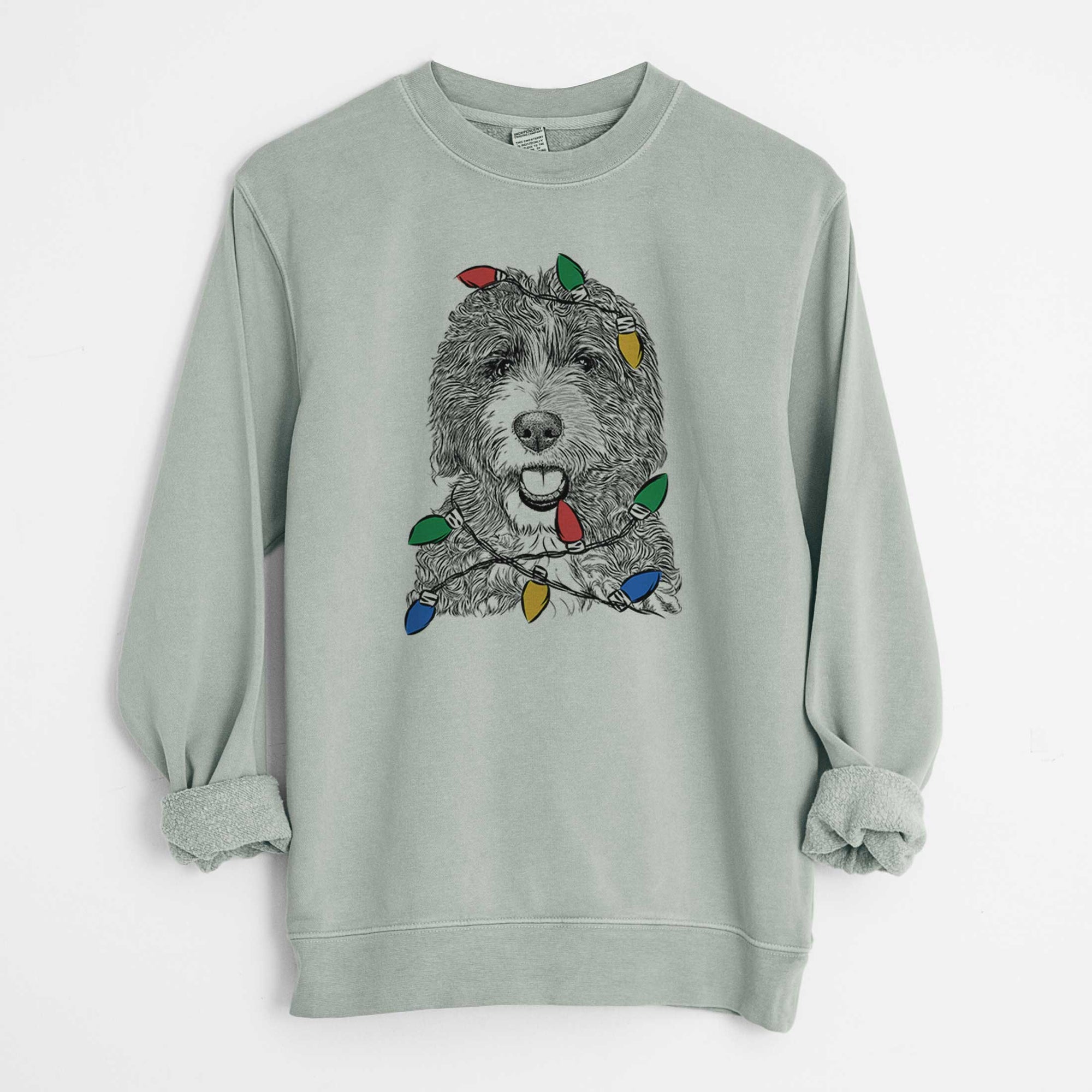 Christmas Lights Bash the Bernedoodle - Unisex Pigment Dyed Crew Sweatshirt