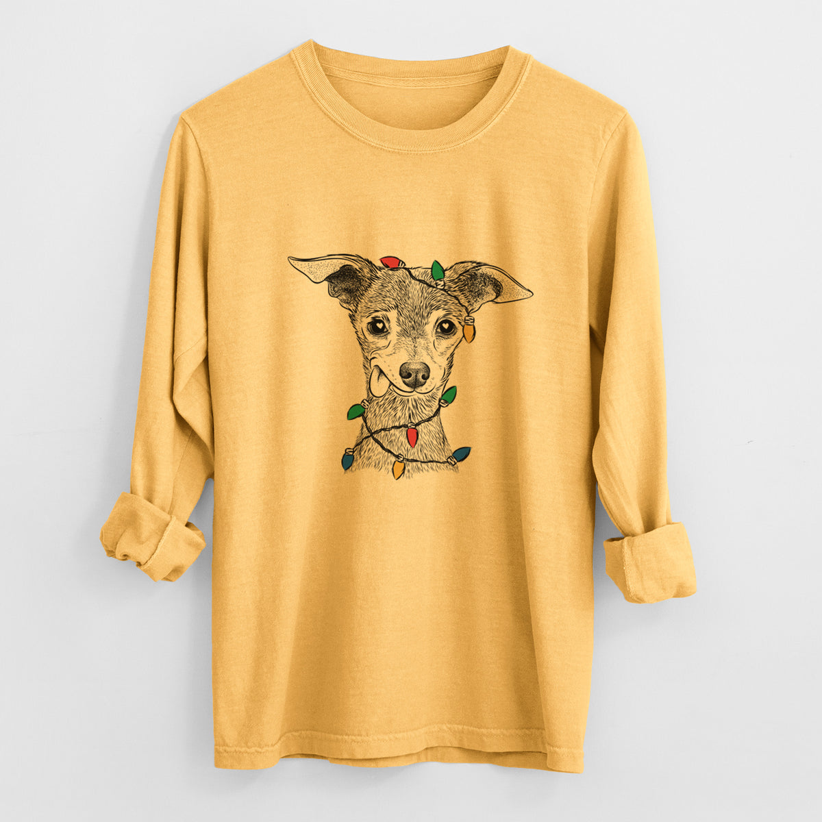 Christmas Lights Bebe the Chihuahua - Heavyweight 100% Cotton Long Sleeve