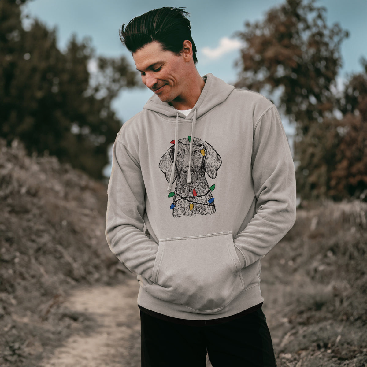 Christmas Lights Boone the Plott Hound - Unisex Pigment Dyed Hoodie