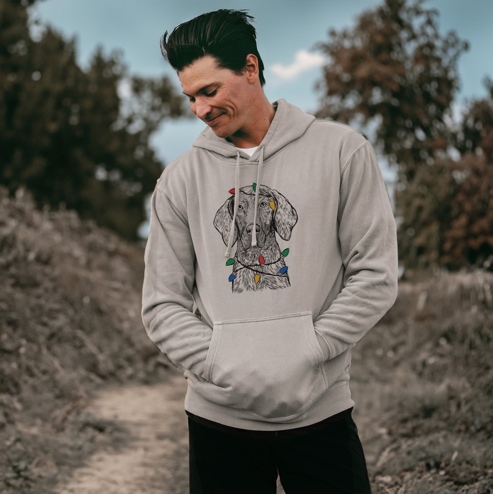 Christmas Lights Boone the Plott Hound - Unisex Pigment Dyed Hoodie