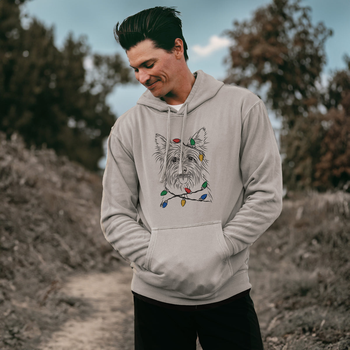 Christmas Lights Calum the Cairn Terrier - Unisex Pigment Dyed Hoodie