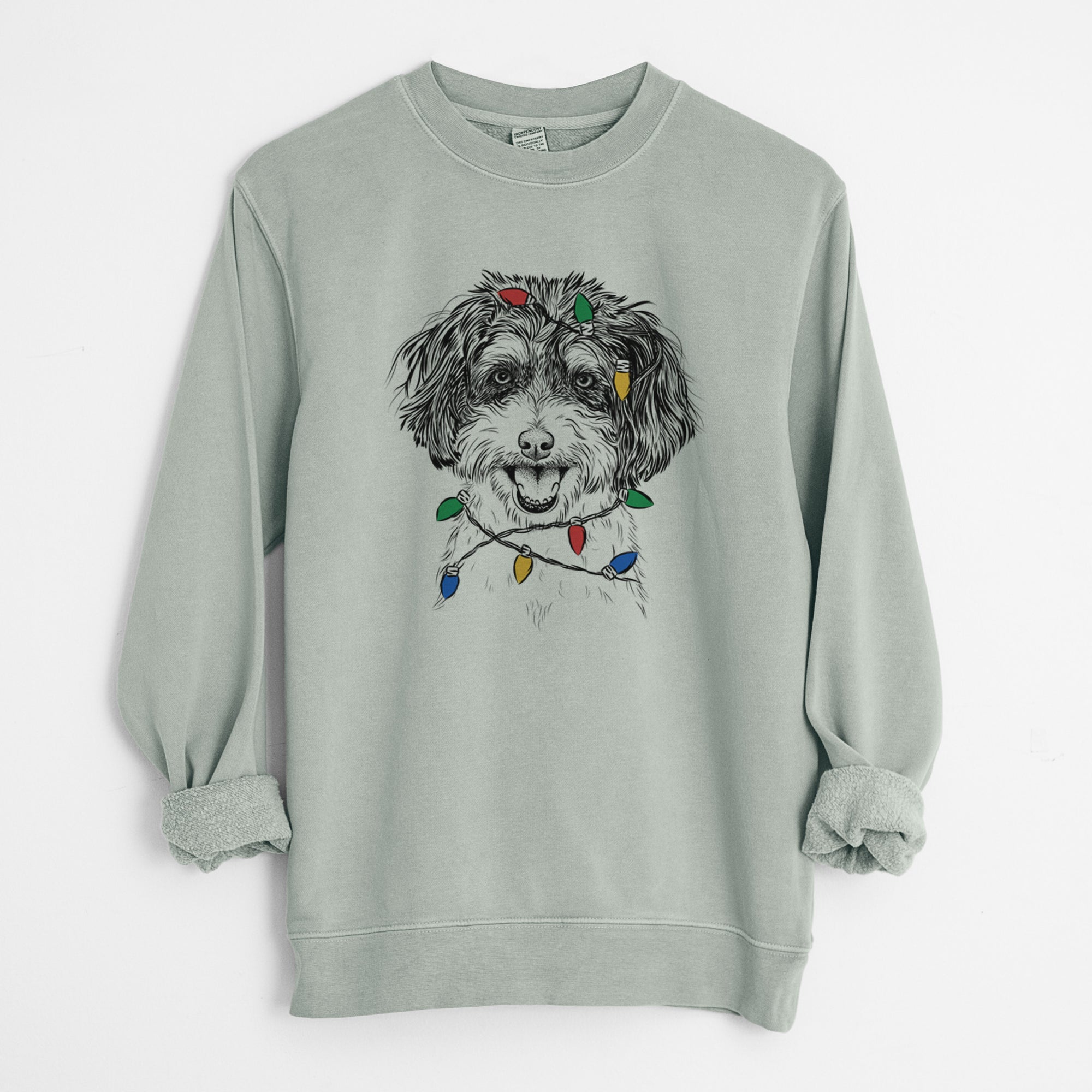 Christmas Lights Carlos the Cavapoo - Unisex Pigment Dyed Crew Sweatshirt