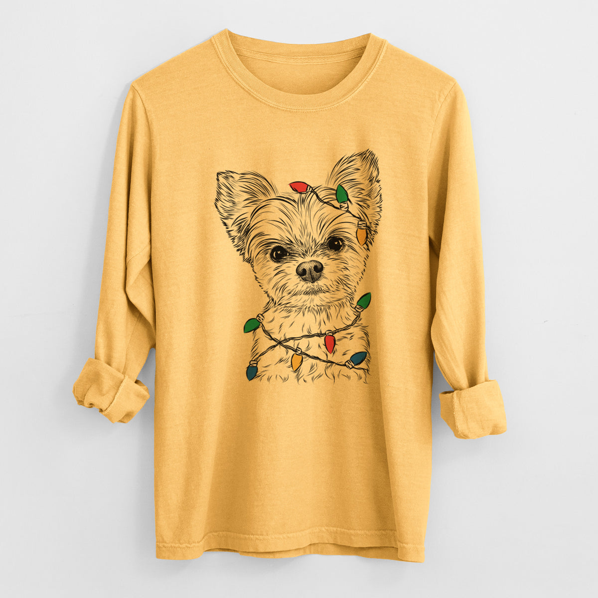 Christmas Lights Chance the Yapper the Yorkshire Terrier - Heavyweight 100% Cotton Long Sleeve