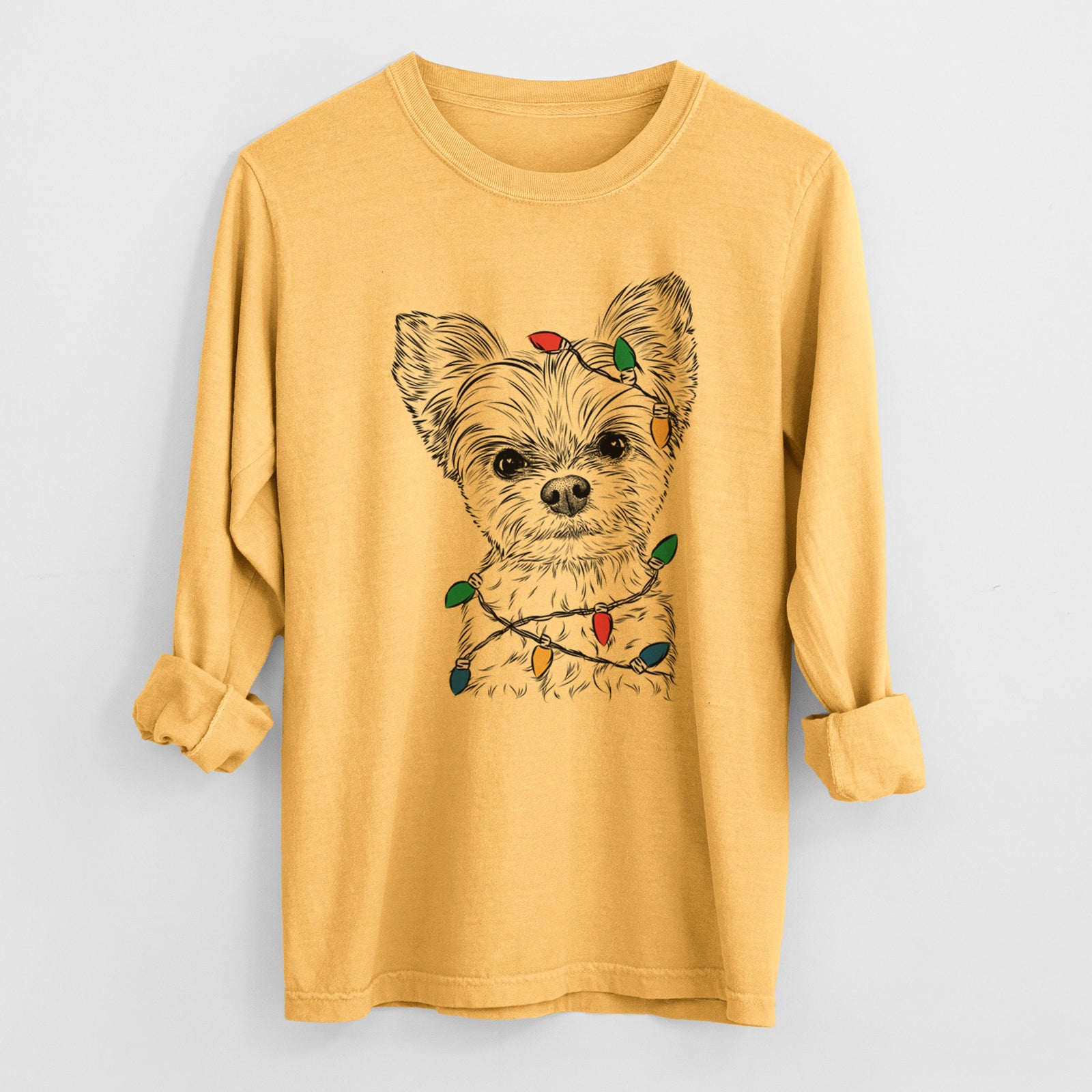 Christmas Lights Chance the Yapper the Yorkshire Terrier - Heavyweight 100% Cotton Long Sleeve