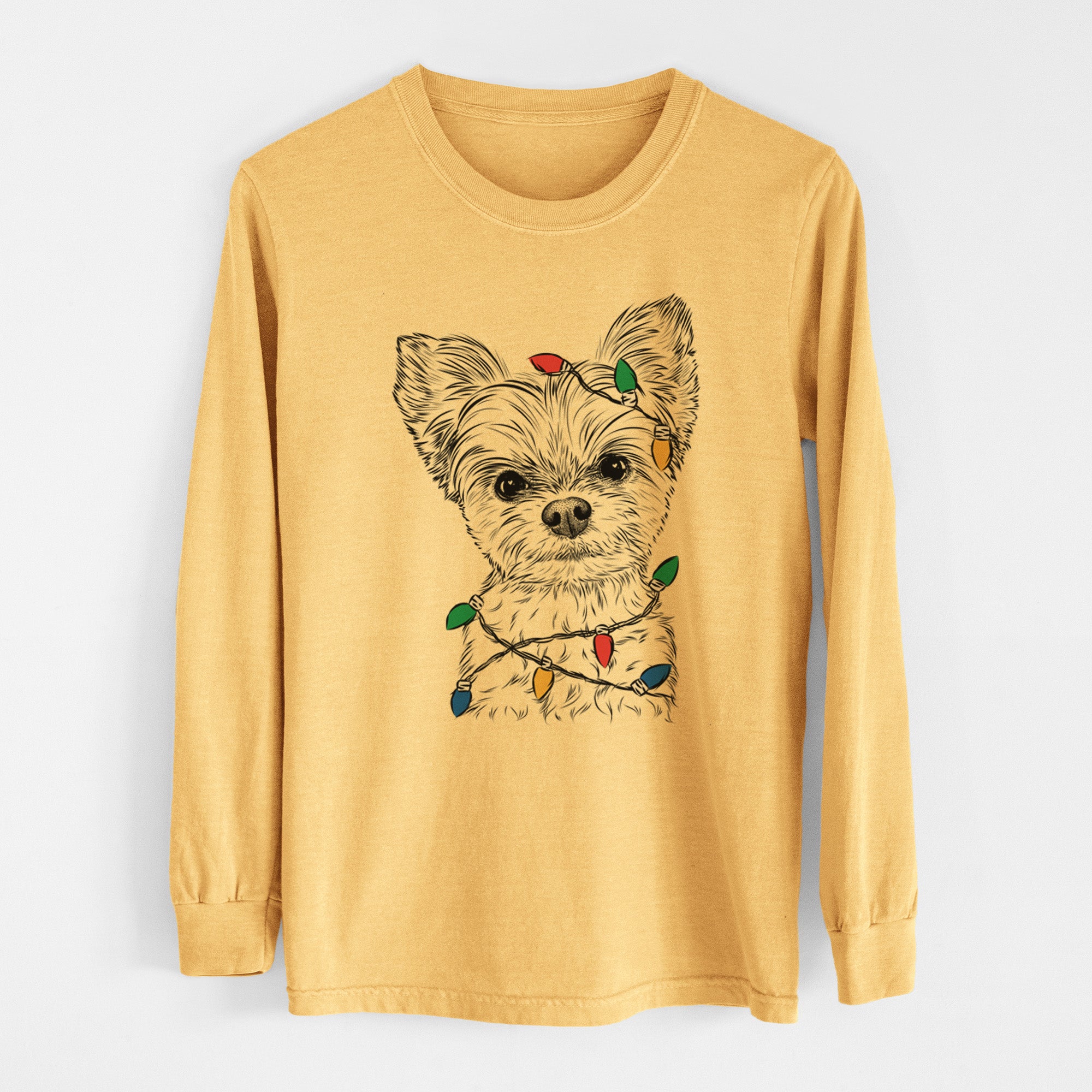 Christmas Lights Chance the Yapper the Yorkshire Terrier - Heavyweight 100% Cotton Long Sleeve