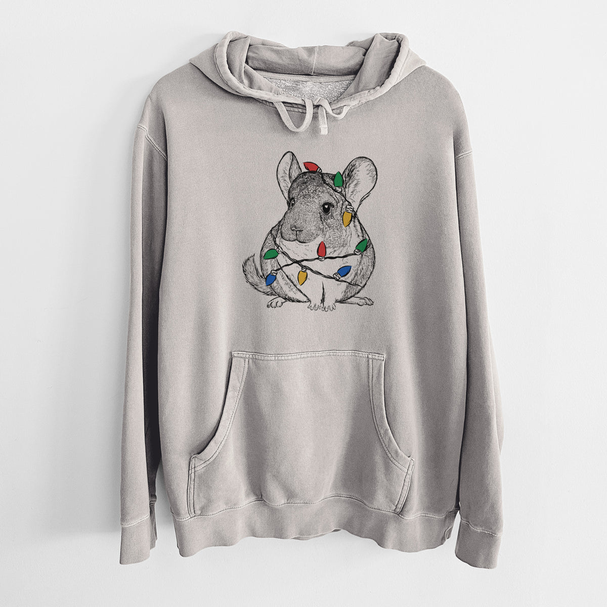 Christmas Lights Cheddar the Chinchilla - Unisex Pigment Dyed Hoodie