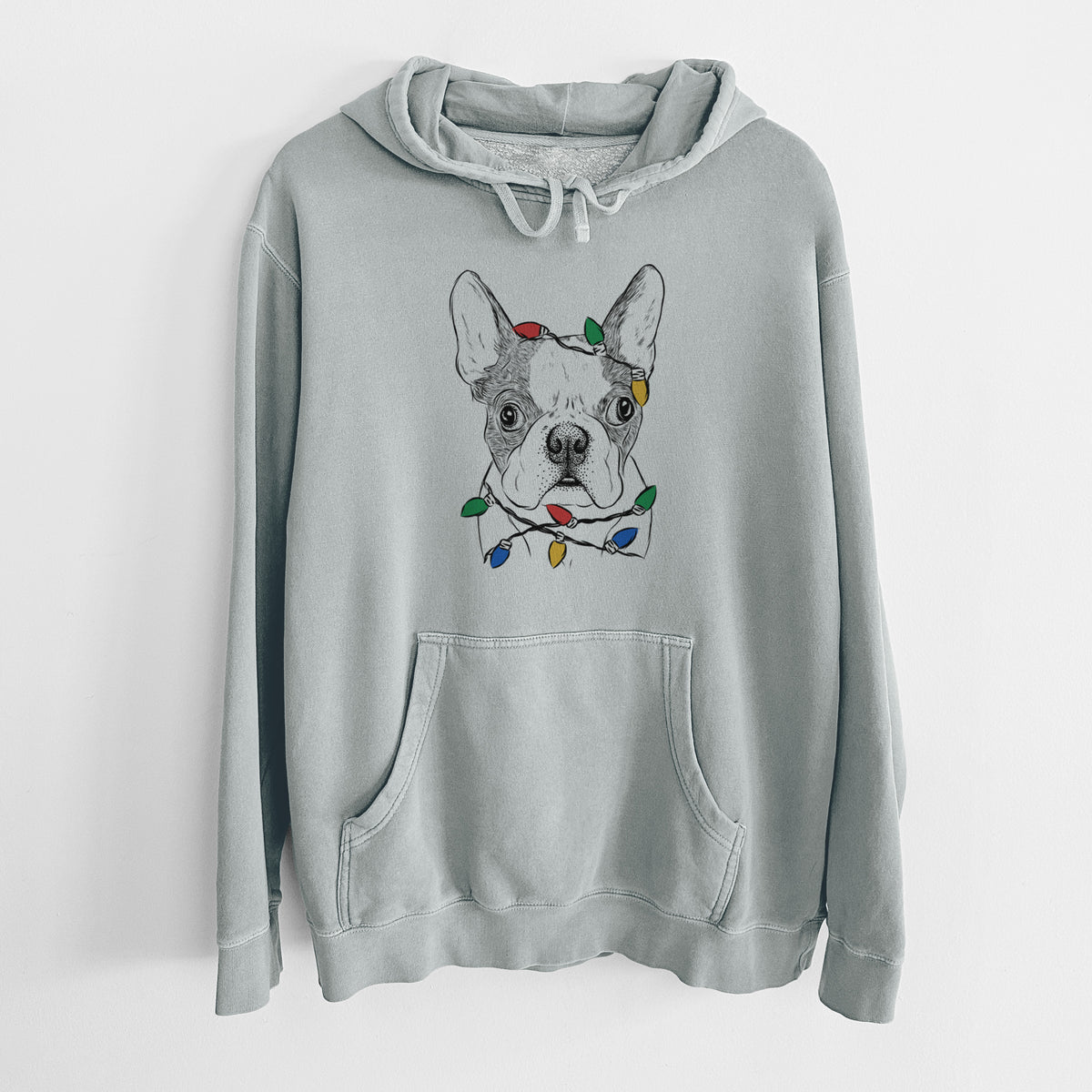 Christmas Lights Chocolate Chip the Boston Terrier - Unisex Pigment Dyed Hoodie