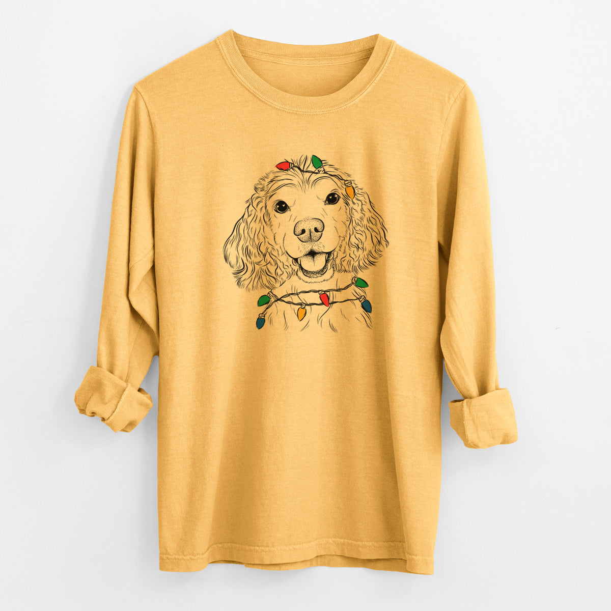 Christmas Lights Cricket the American Cocker Spaniel - Heavyweight 100% Cotton Long Sleeve