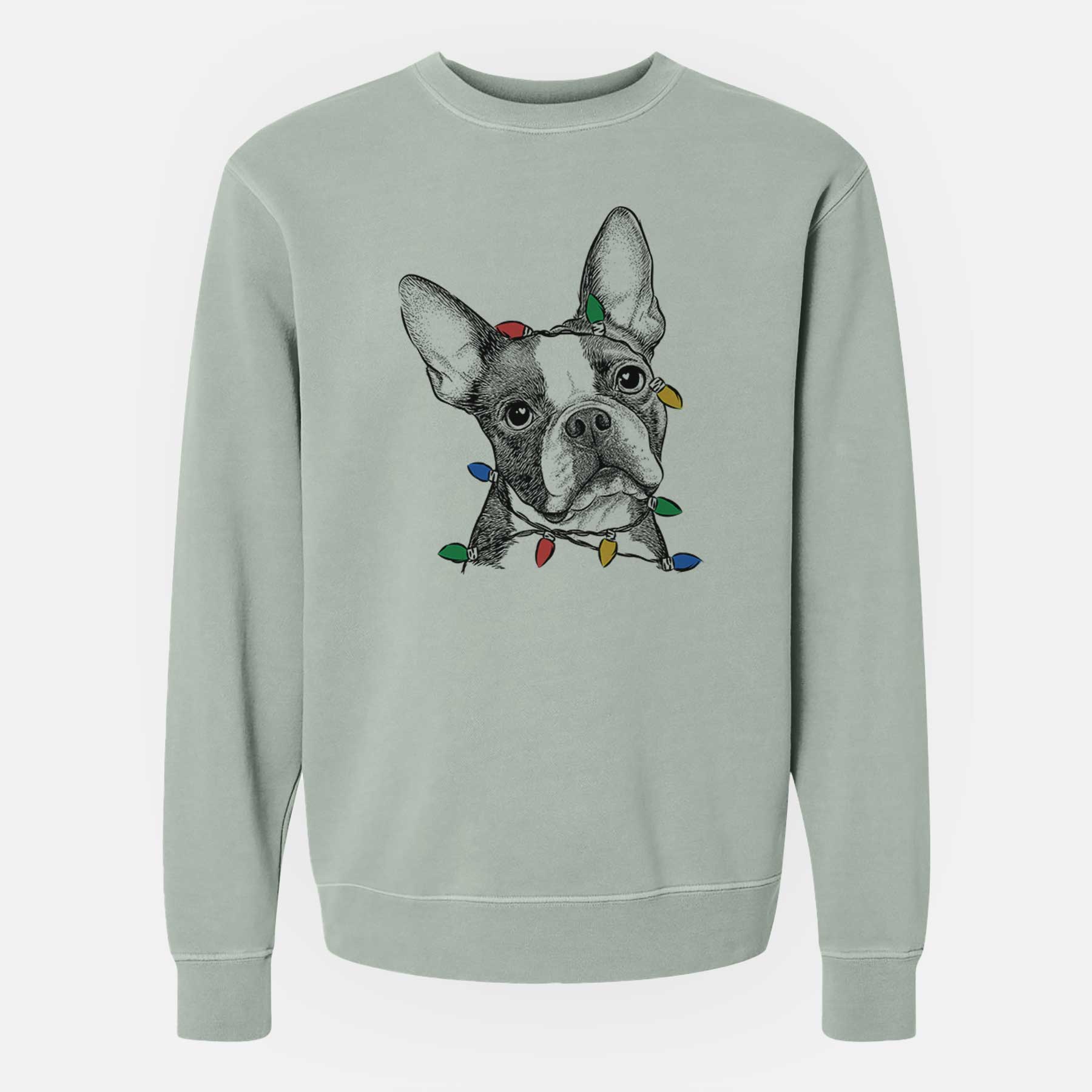 Christmas Lights Dee Dee the Boston Terrier - Unisex Pigment Dyed Crew Sweatshirt