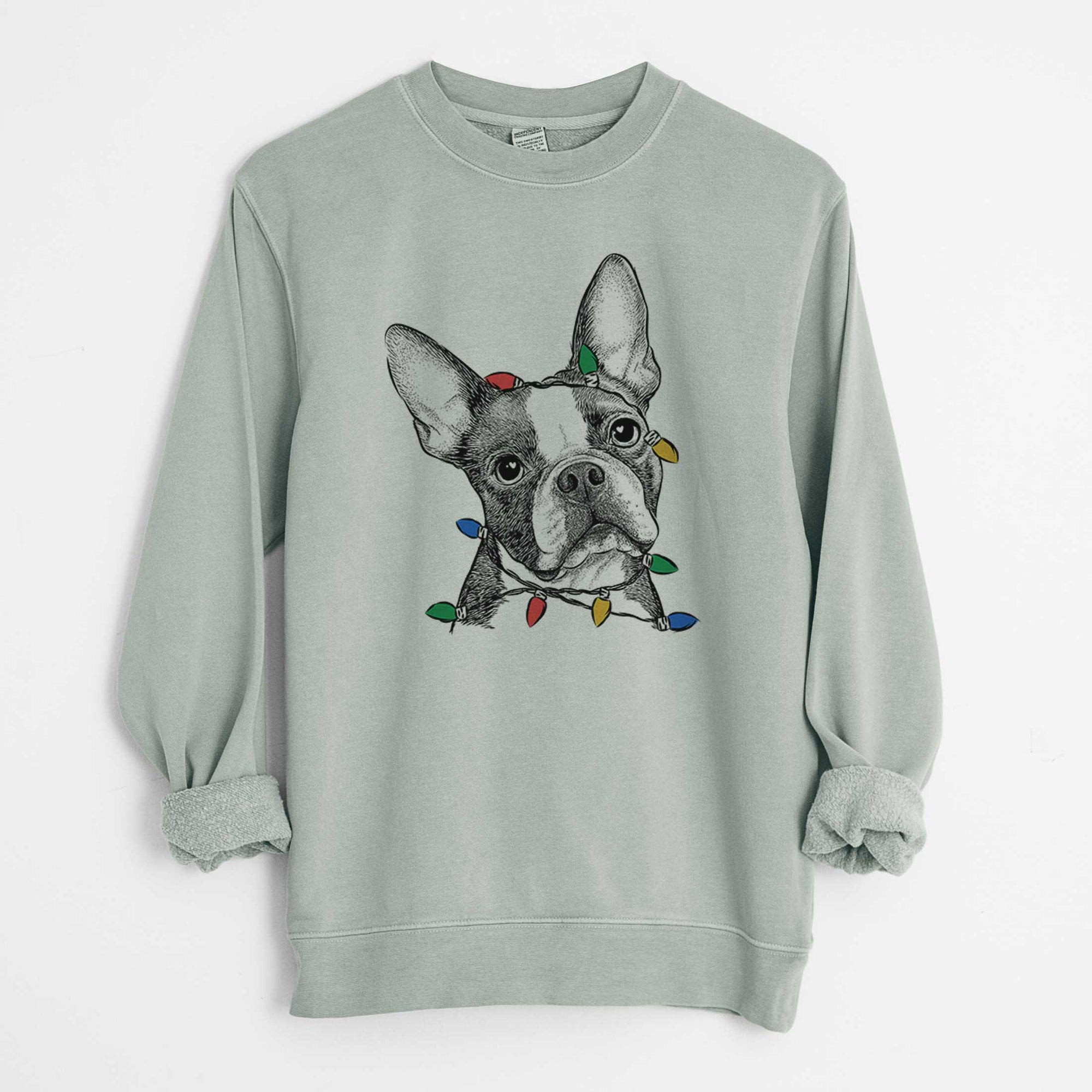 Christmas Lights Dee Dee the Boston Terrier - Unisex Pigment Dyed Crew Sweatshirt