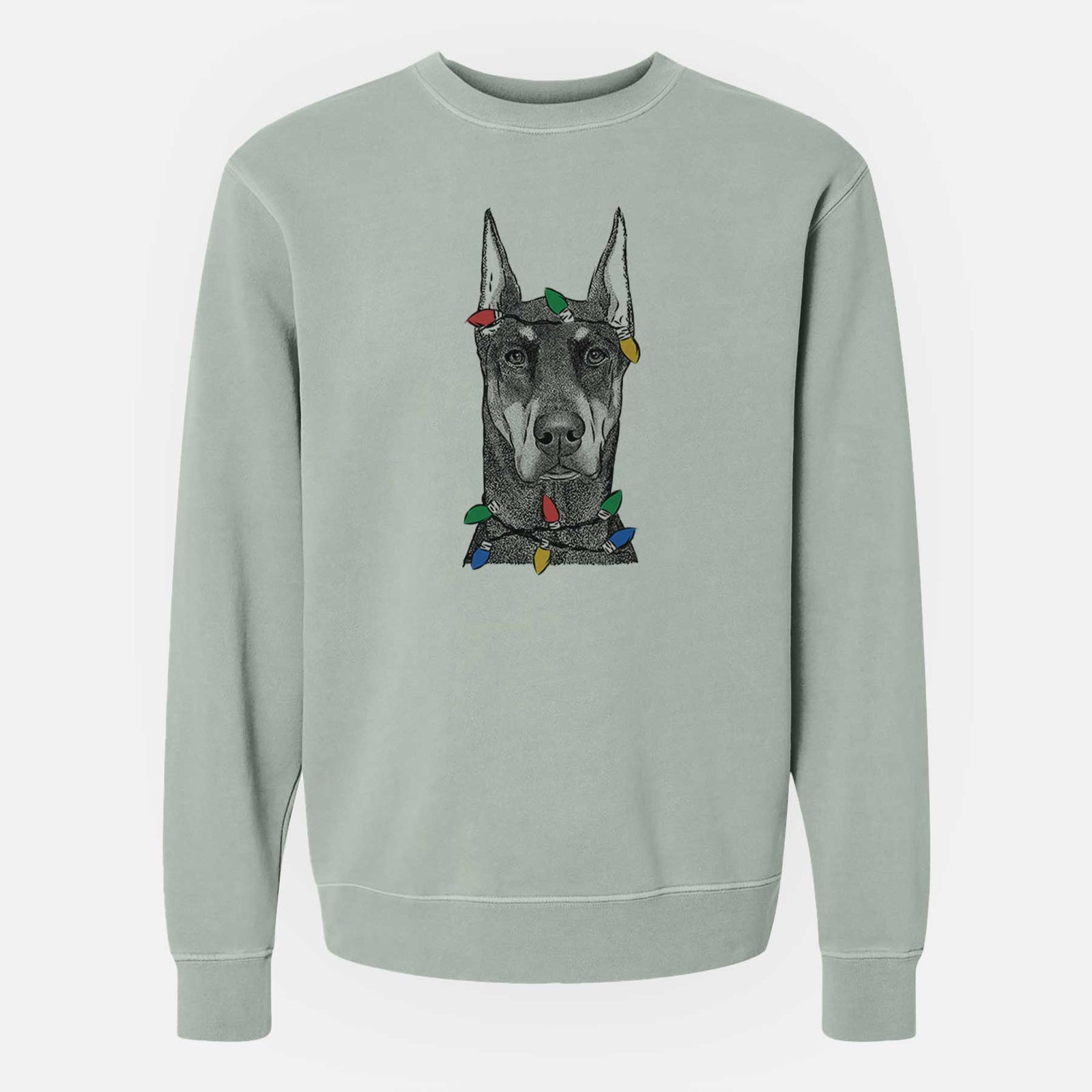 Christmas Lights Drake the Doberman Pinscher - Unisex Pigment Dyed Crew Sweatshirt