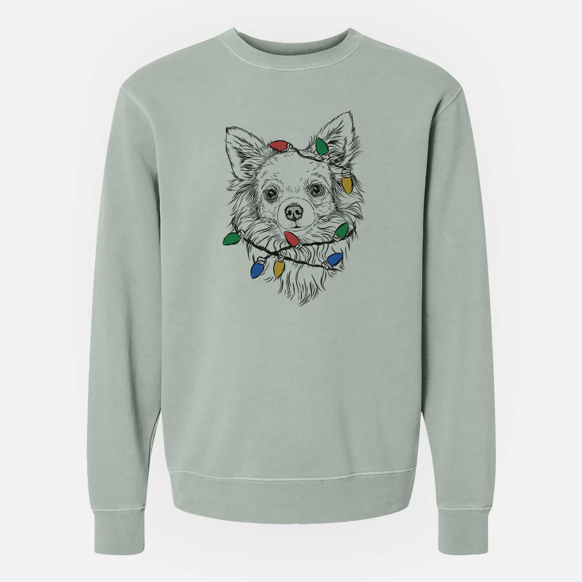 Christmas Lights Emma the Longhaired Chihuahua - Unisex Pigment Dyed Crew Sweatshirt