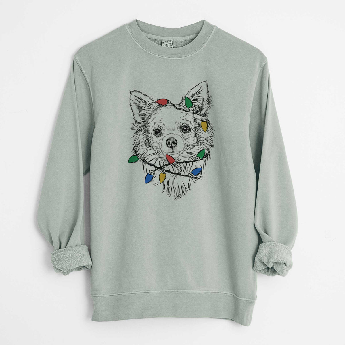 Christmas Lights Emma the Longhaired Chihuahua - Unisex Pigment Dyed Crew Sweatshirt