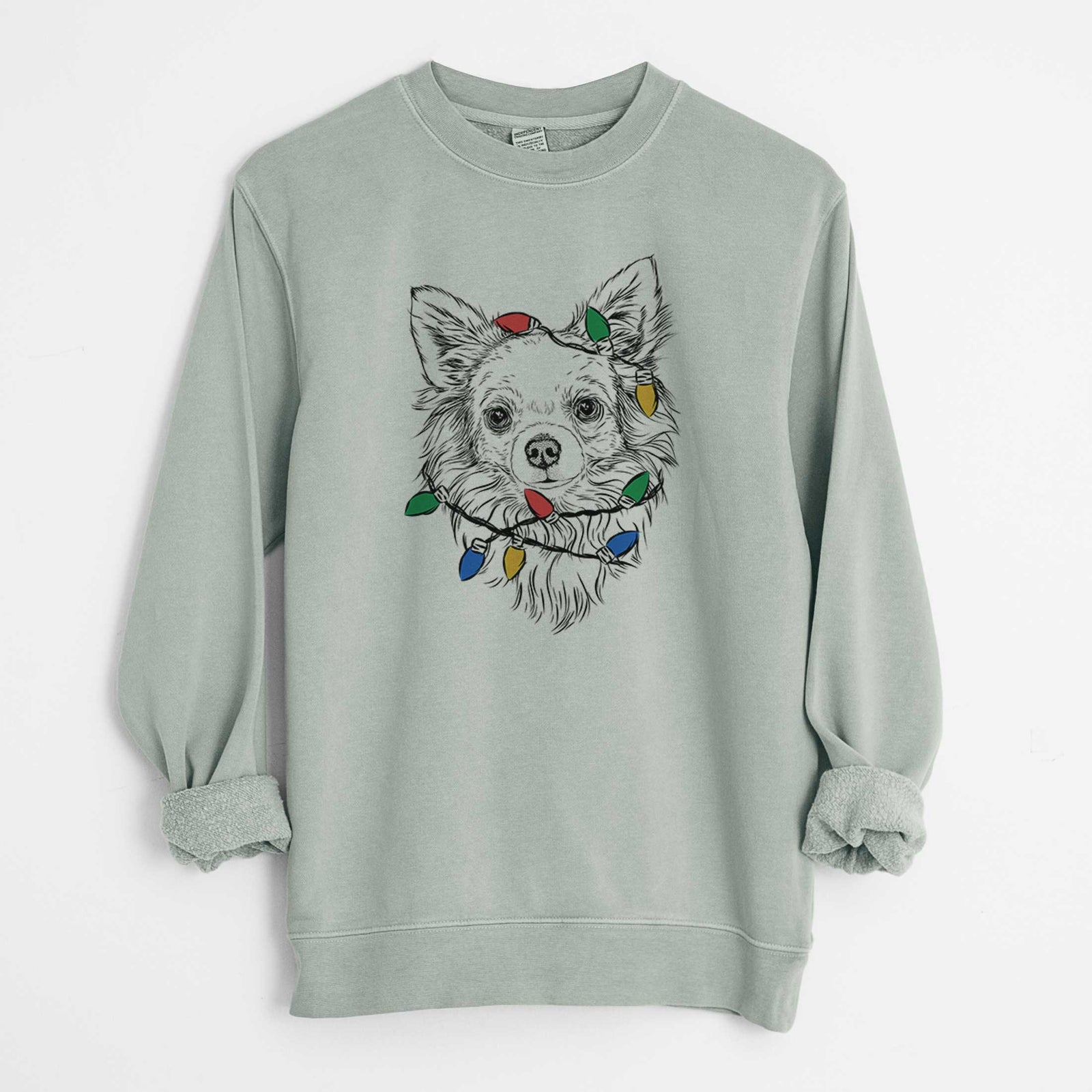 Christmas Lights Emma the Longhaired Chihuahua - Unisex Pigment Dyed Crew Sweatshirt