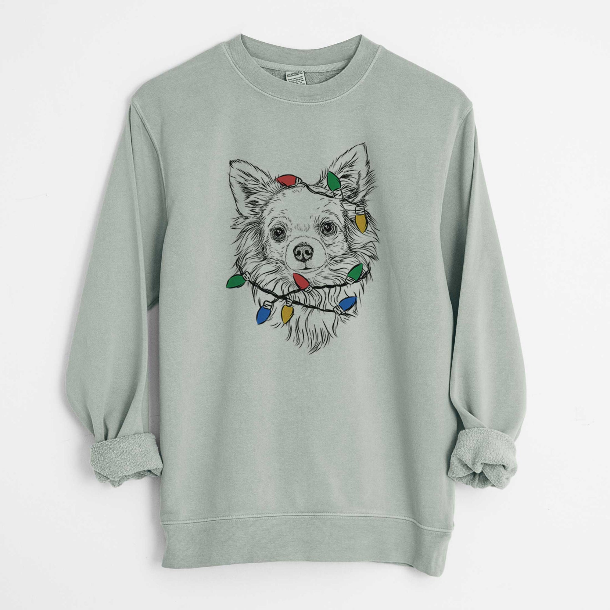 Christmas Lights Emma the Longhaired Chihuahua - Unisex Pigment Dyed Crew Sweatshirt