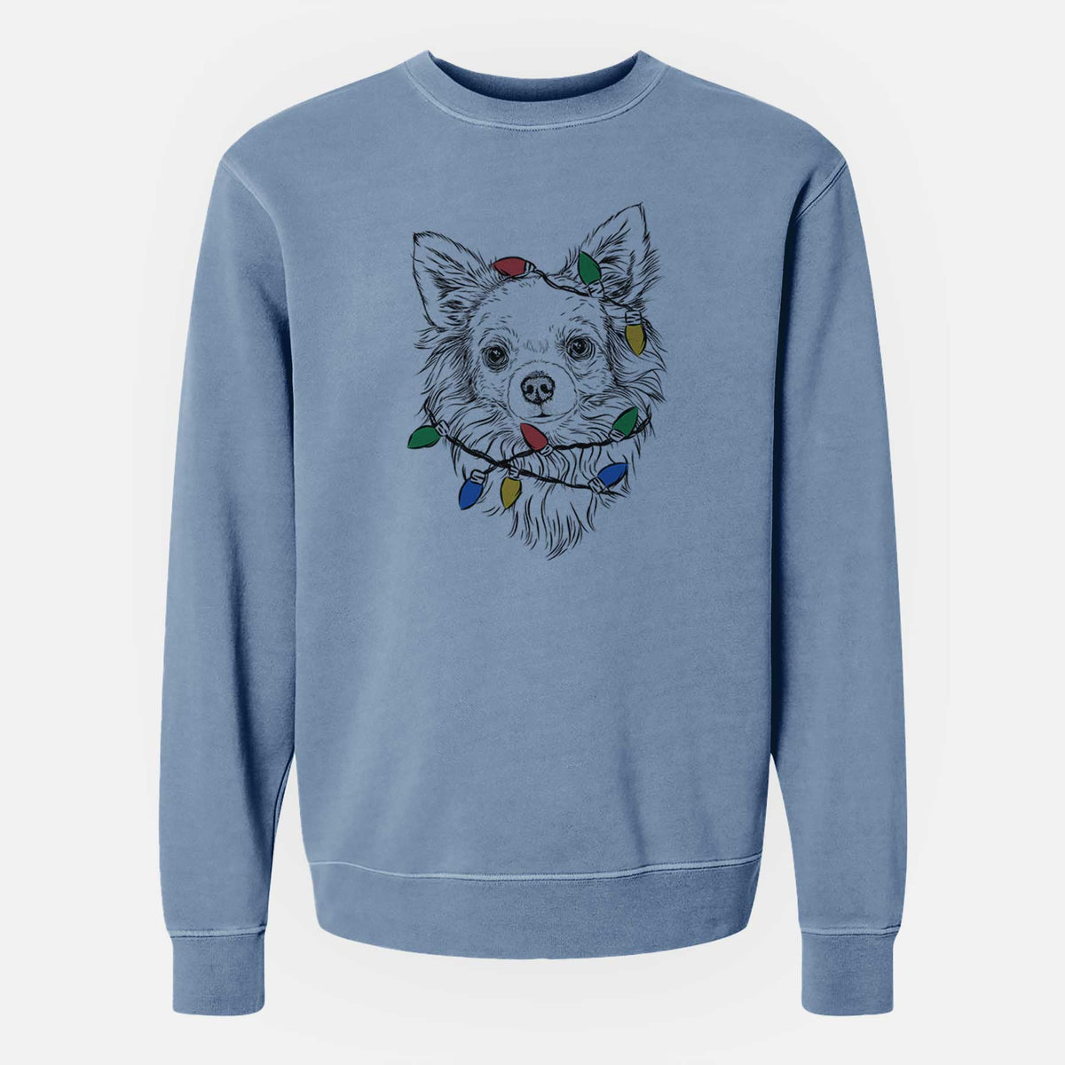 Christmas Lights Emma the Longhaired Chihuahua - Unisex Pigment Dyed Crew Sweatshirt