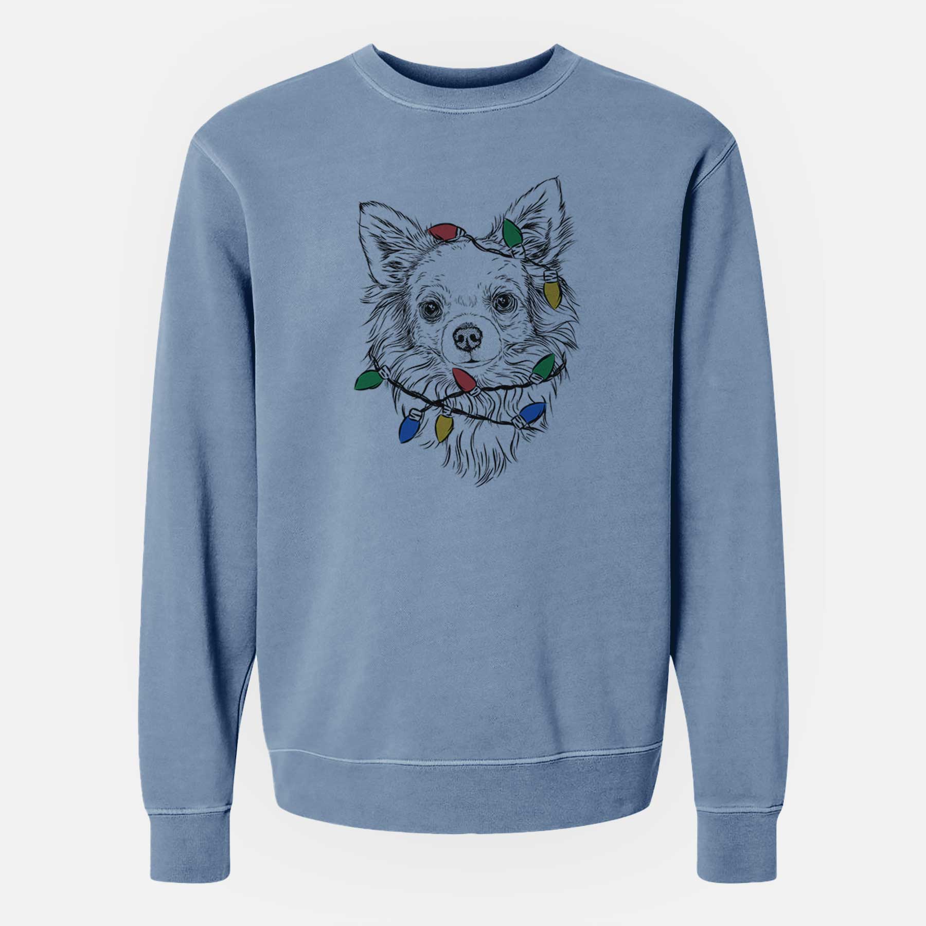Christmas Lights Emma the Longhaired Chihuahua - Unisex Pigment Dyed Crew Sweatshirt
