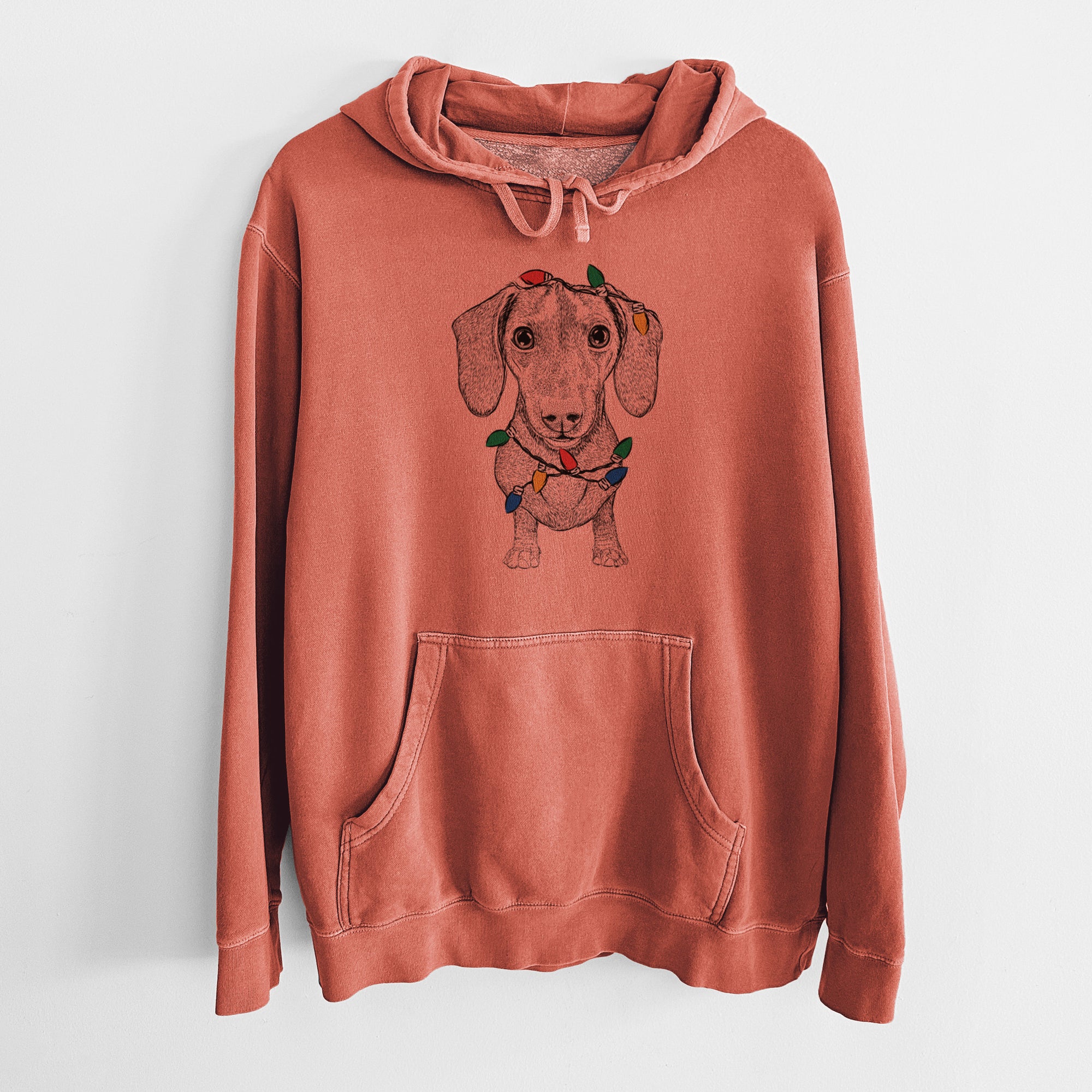 Christmas Lights Ernie the Mini Dachshund - Unisex Pigment Dyed Hoodie