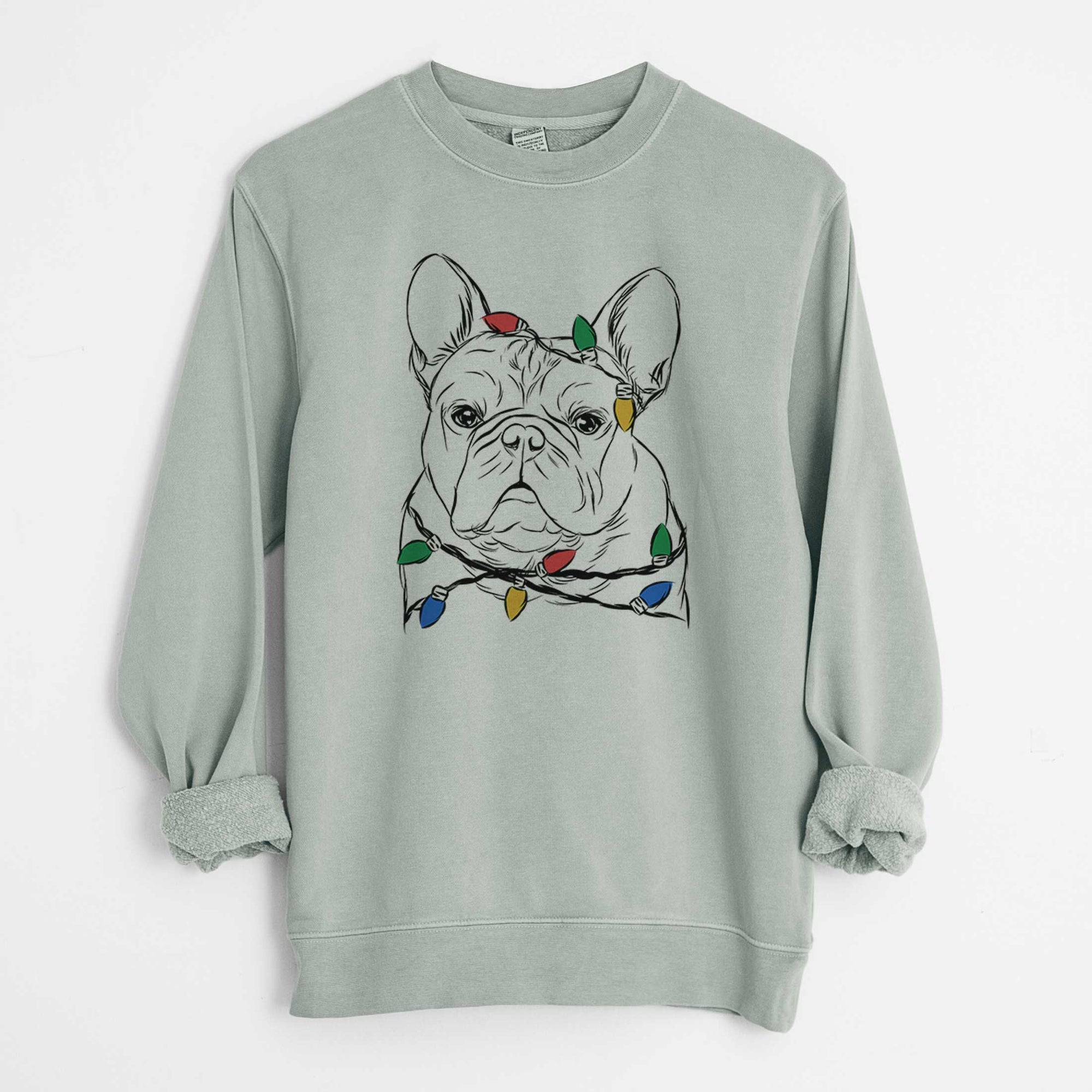 Christmas Lights Fudge the French Bulldog - Unisex Pigment Dyed Crew Sweatshirt