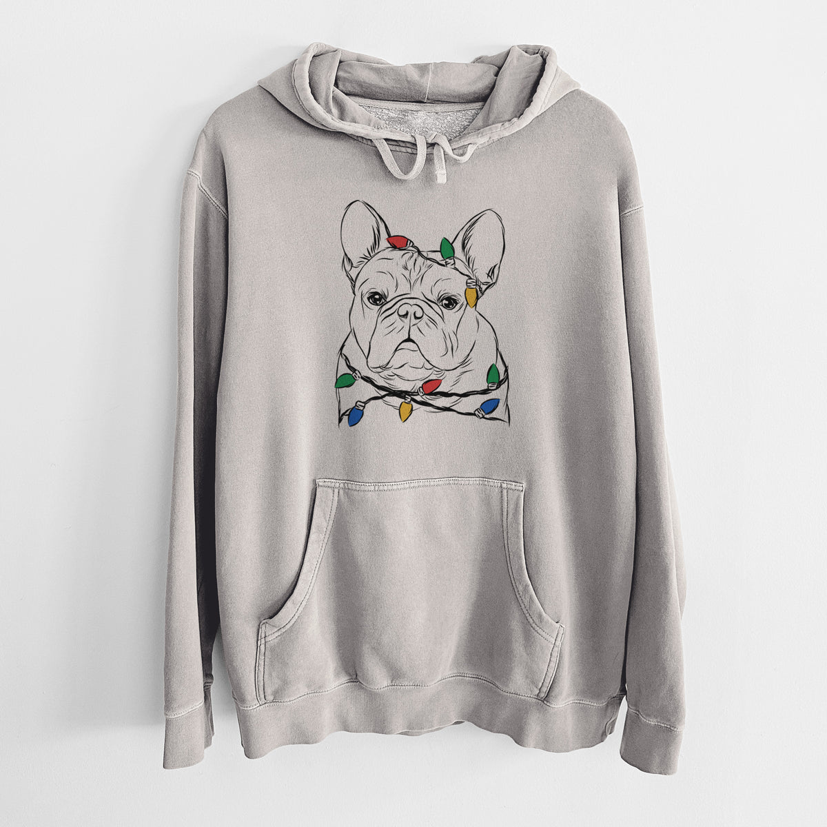 Christmas Lights Fudge the French Bulldog - Unisex Pigment Dyed Hoodie