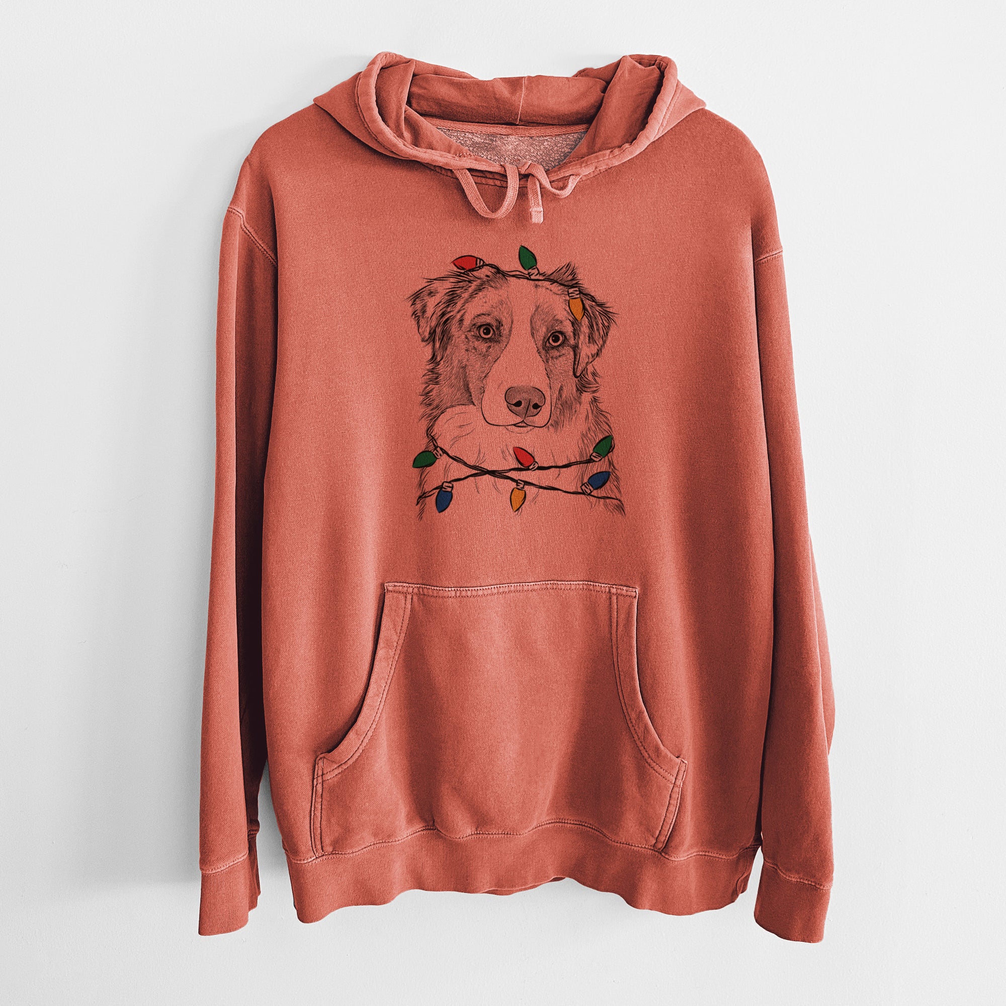 Christmas Lights Ginger the Australian Shepherd - Unisex Pigment Dyed Hoodie