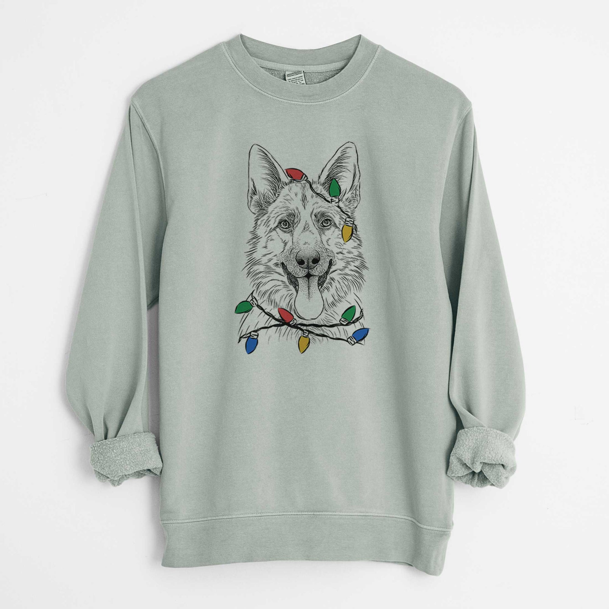 Christmas Lights Grace the German Shepherd - Unisex Pigment Dyed Crew Sweatshirt